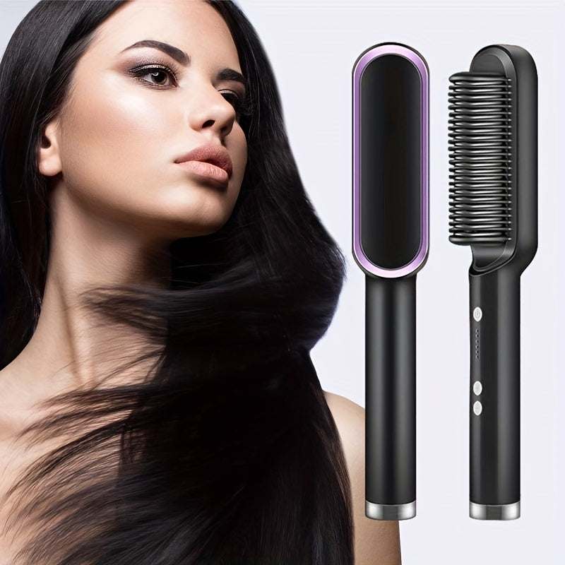 2-in-1 electric hair straightener and curler with anti-static ionic technology, featuring 5 heat settings and ergonomic design for smooth, shiny hair.