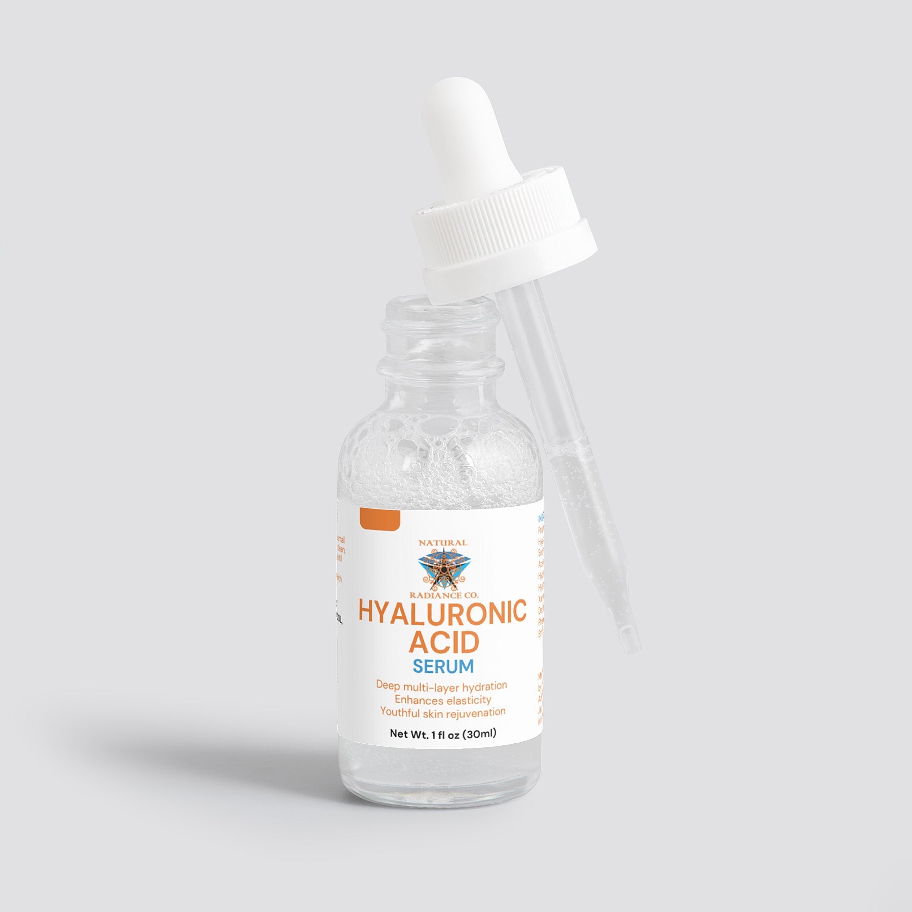 Hyaluronic Acid Serum bottle with dropper, providing deep skin hydration and rejuvenation.