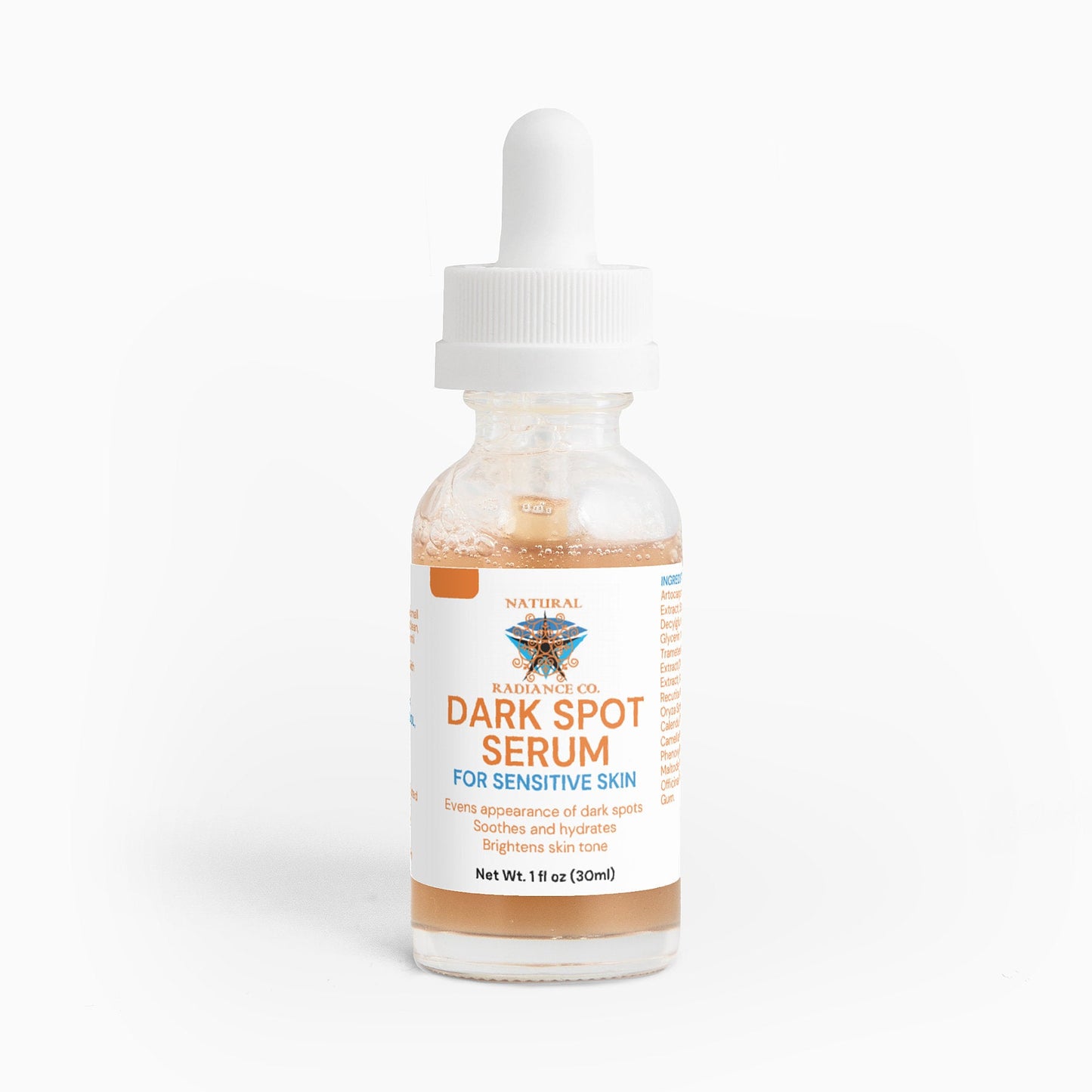 Dark Spot Serum for Sensitive Skin bottle with dropper, designed to hydrate and reduce dark spots using natural ingredients.