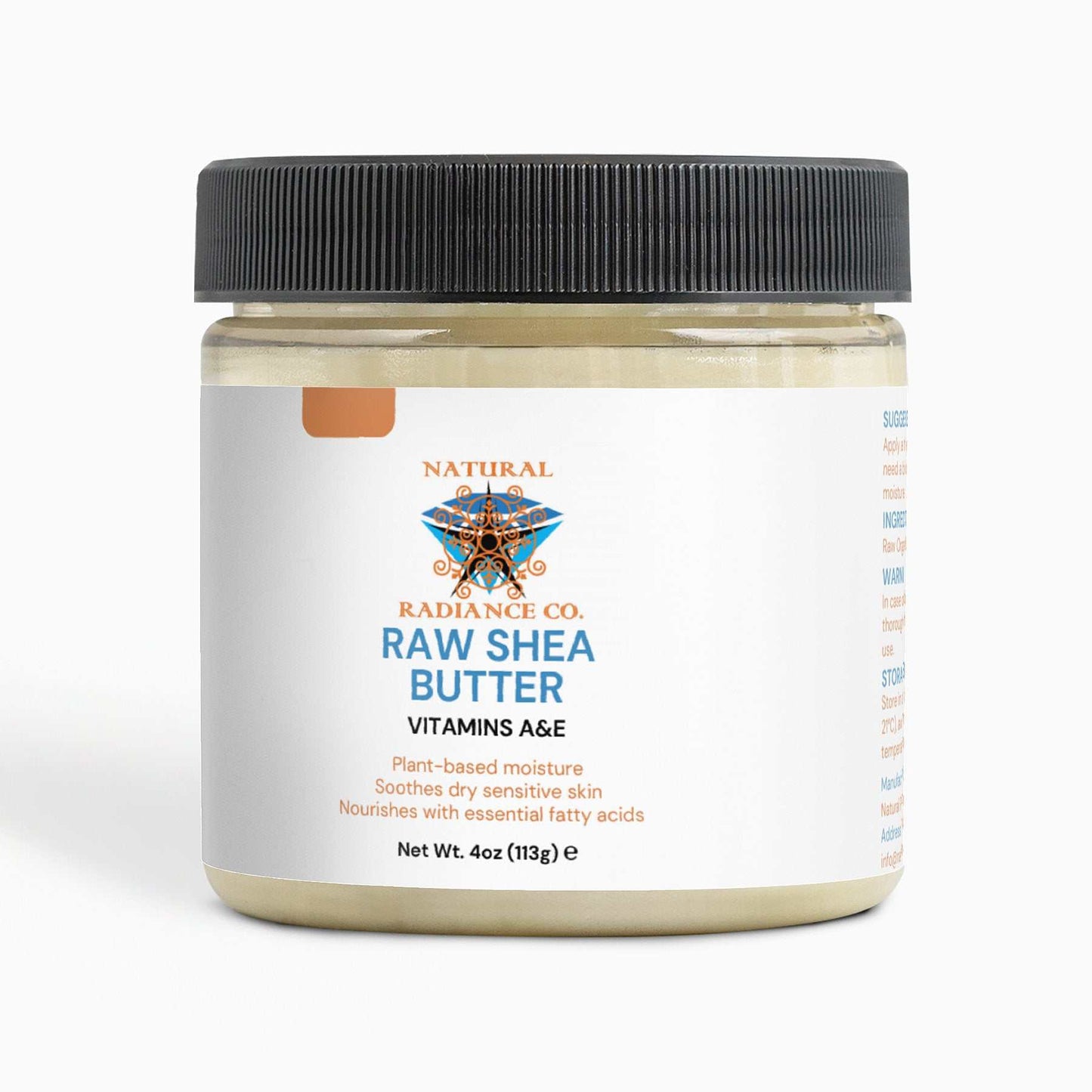 Organic Raw Shea Butter jar, 100% vegan, cruelty-free, 4 oz, enriched with Vitamins A & E, for skin and hair hydration.