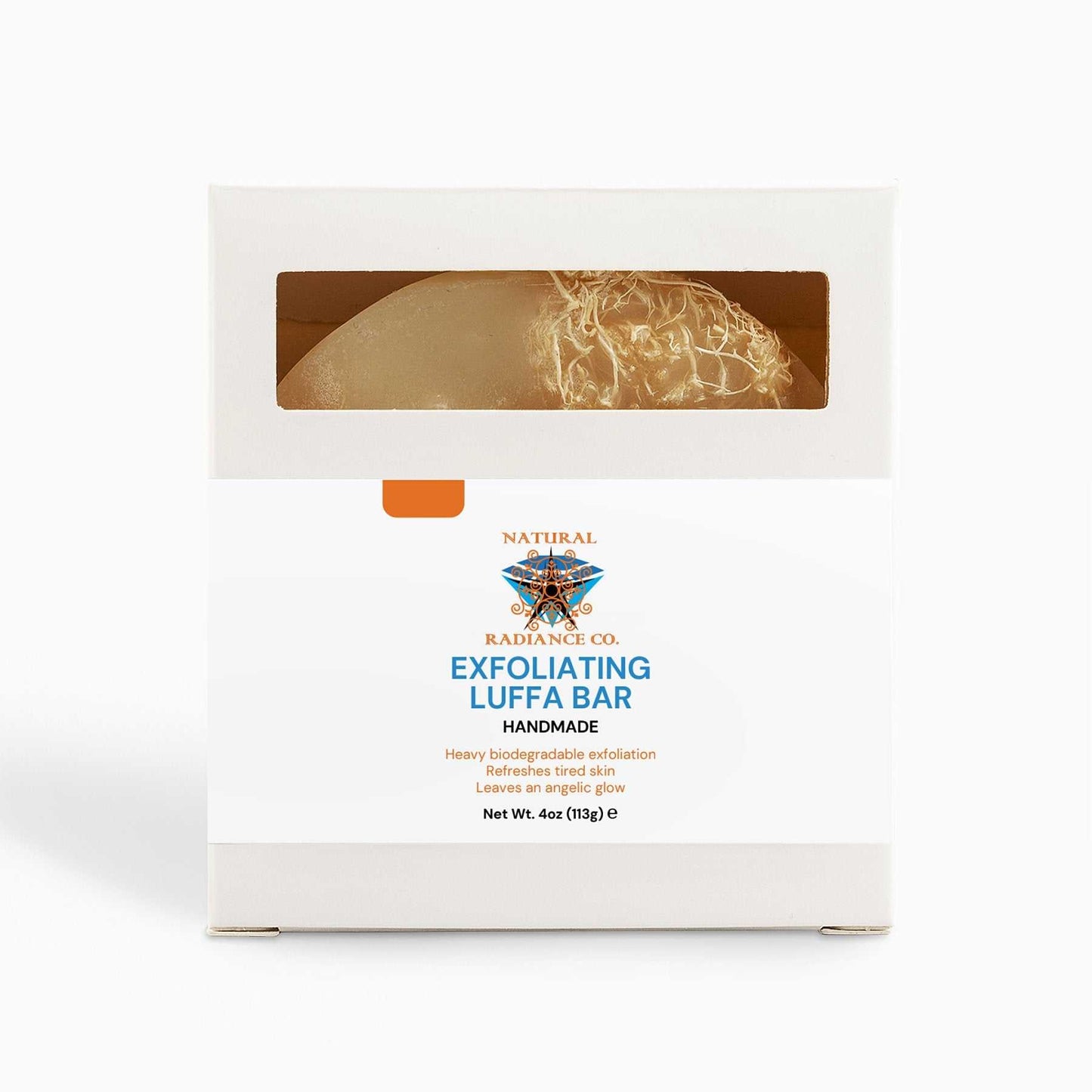 Exfoliating Luffa Bar in packaging, 4 oz, natural skincare product for exfoliation and skin rejuvenation.