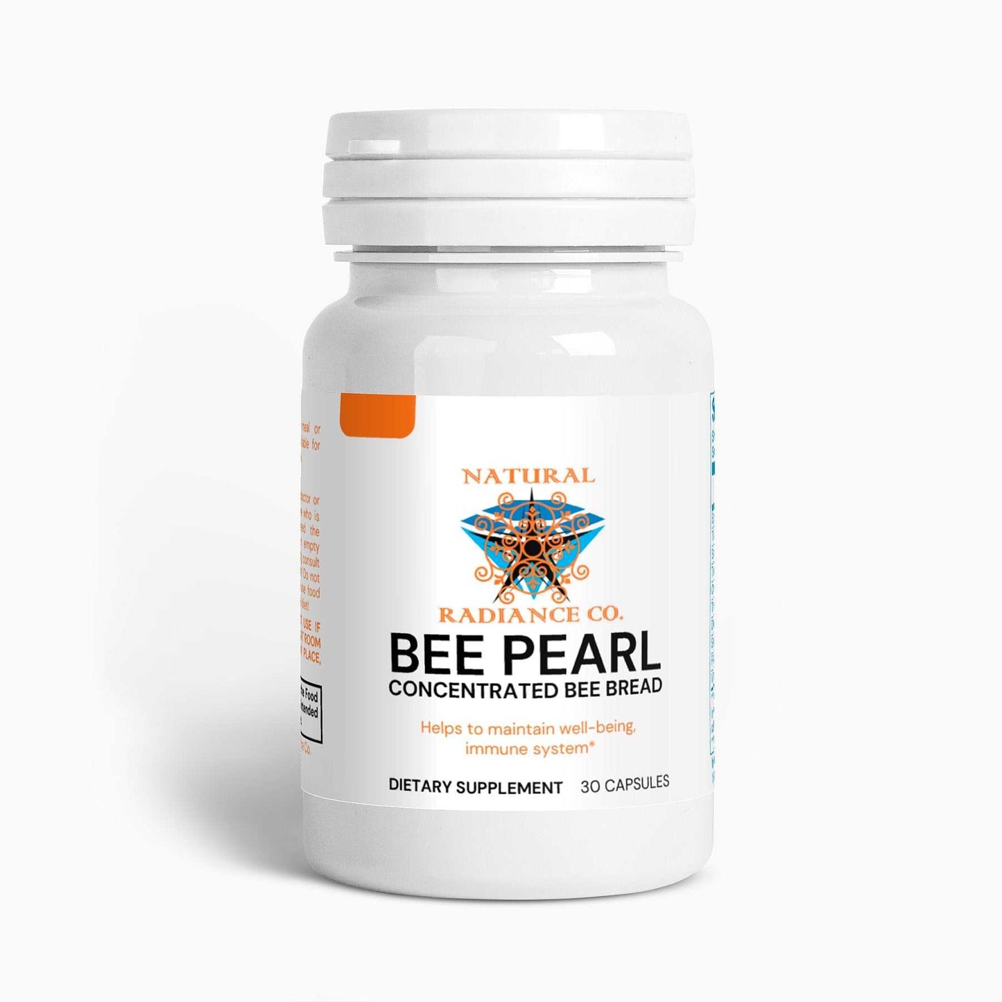 Bee Pearl supplement bottle with vitamins, antioxidants, and omega fatty acids.