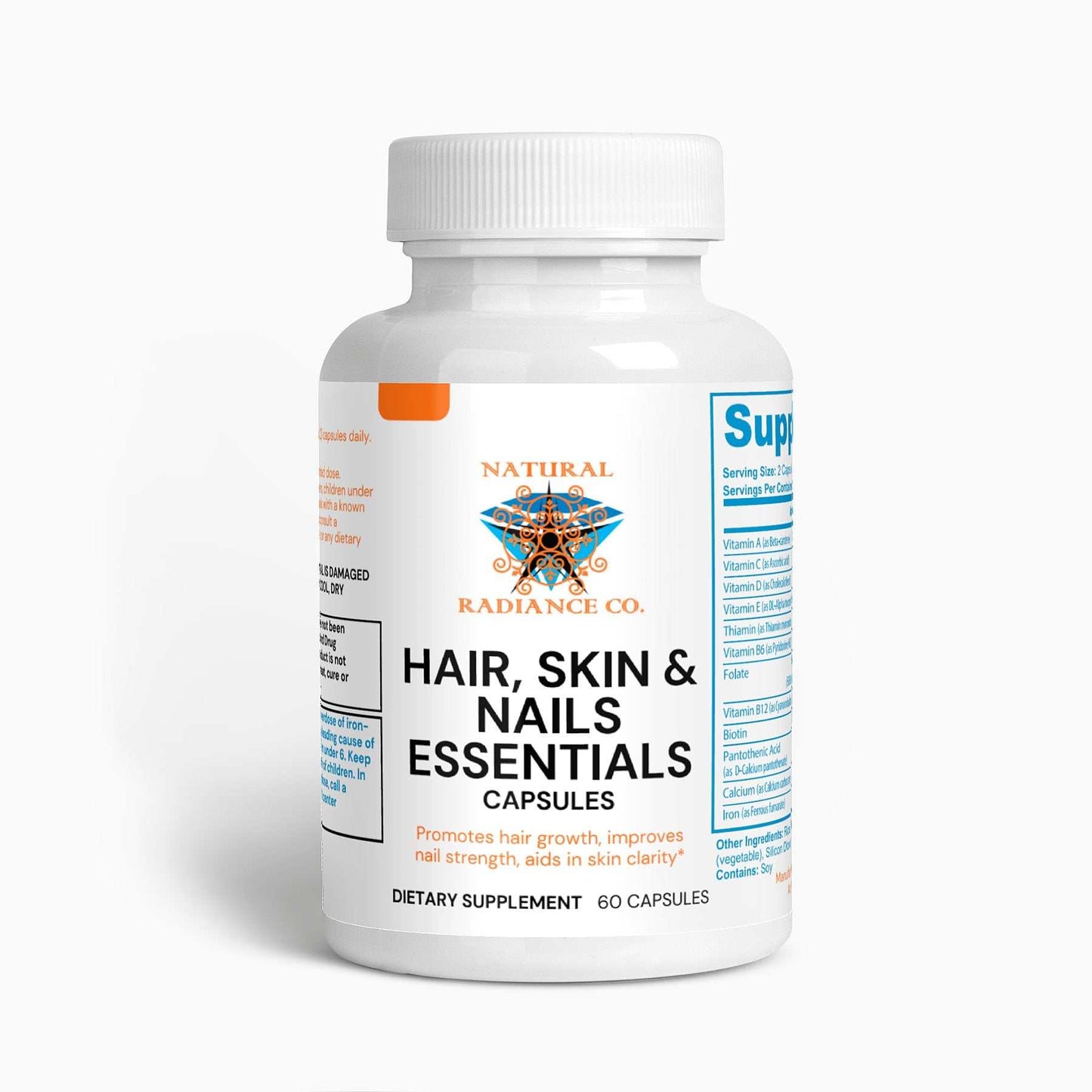 Hair Skin and Nails Essentials supplement bottle with 60 capsules for enhanced hair, skin, and nail health.