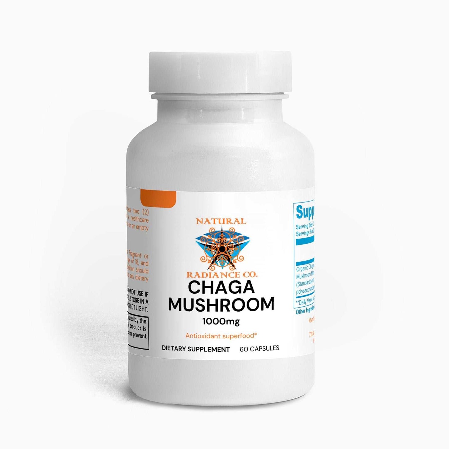 Chaga Mushroom Capsules, 1000mg, antioxidant superfood, dietary supplement, 60 vegan capsules.