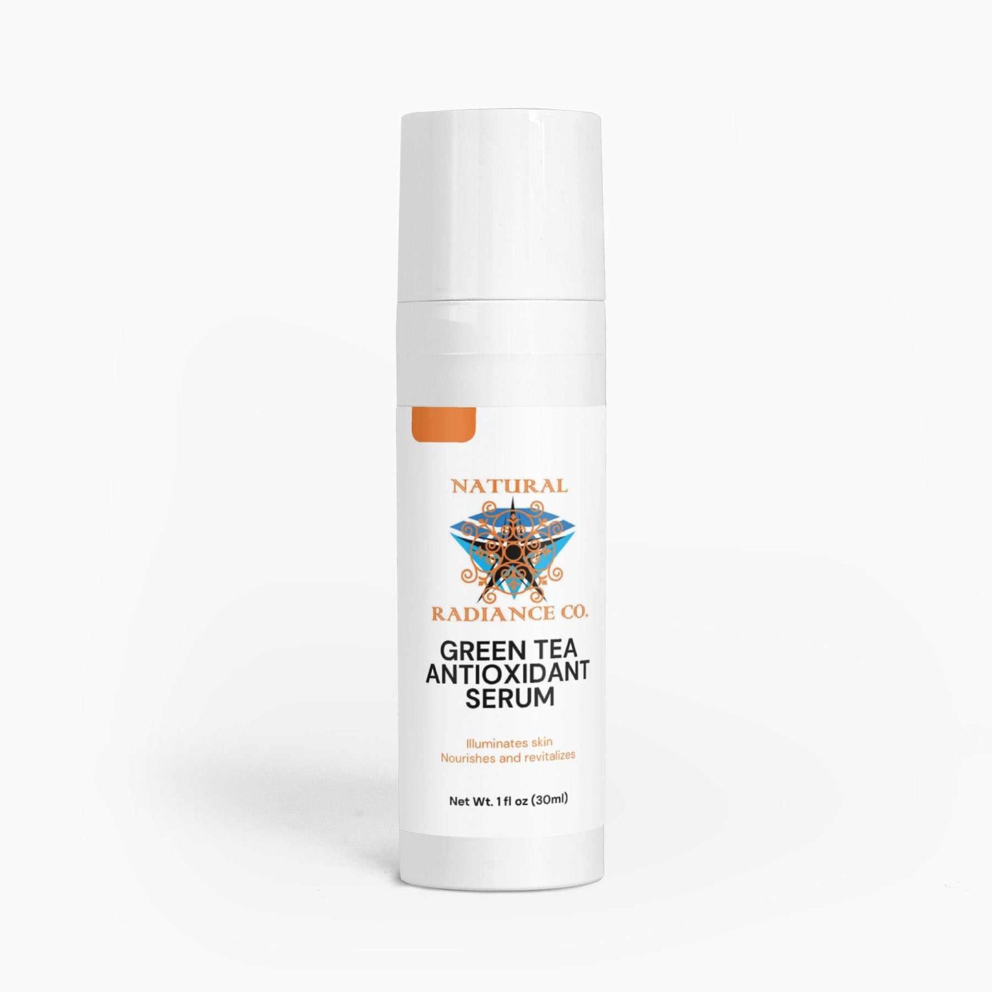 Green Tea Antioxidant Serum bottle with label, provides hydration and antioxidant protection.