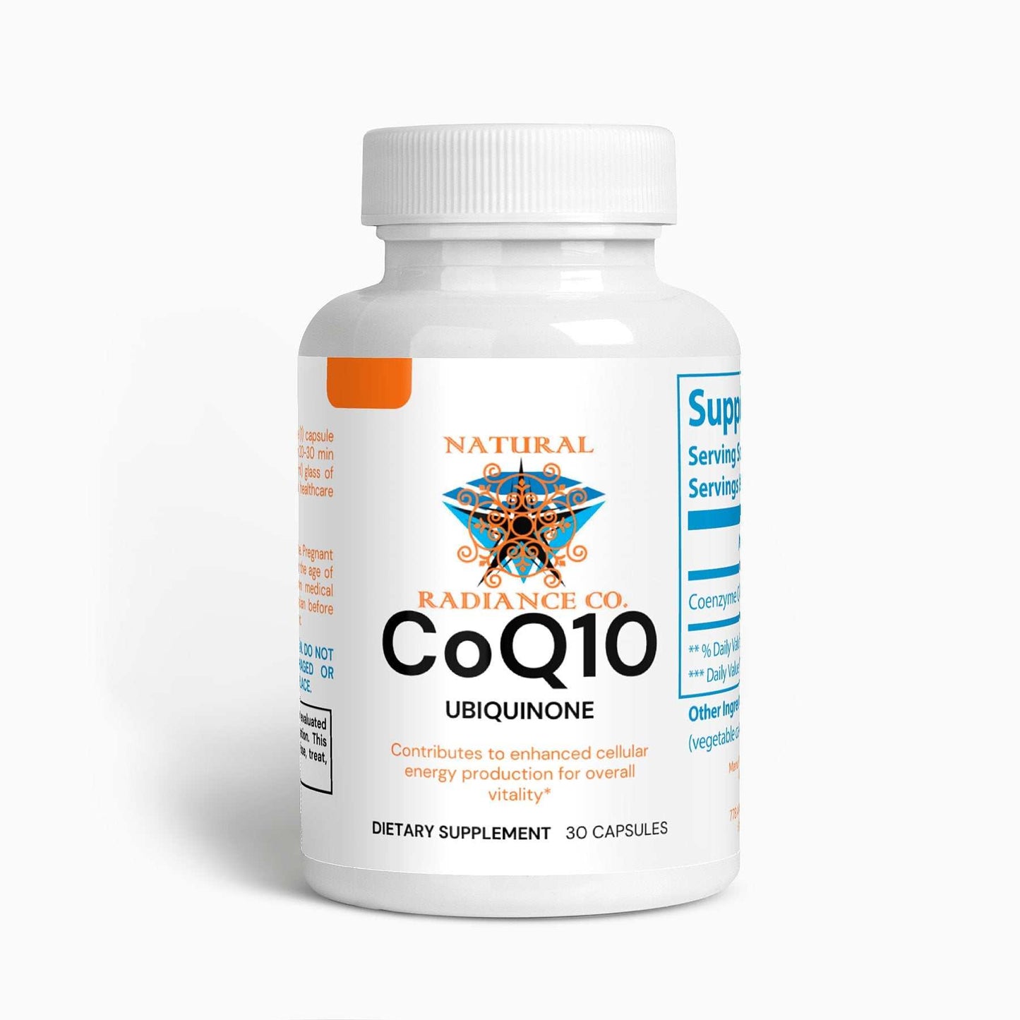CoQ10 Ubiquinone dietary supplement bottle, 30 capsules, energy production support.