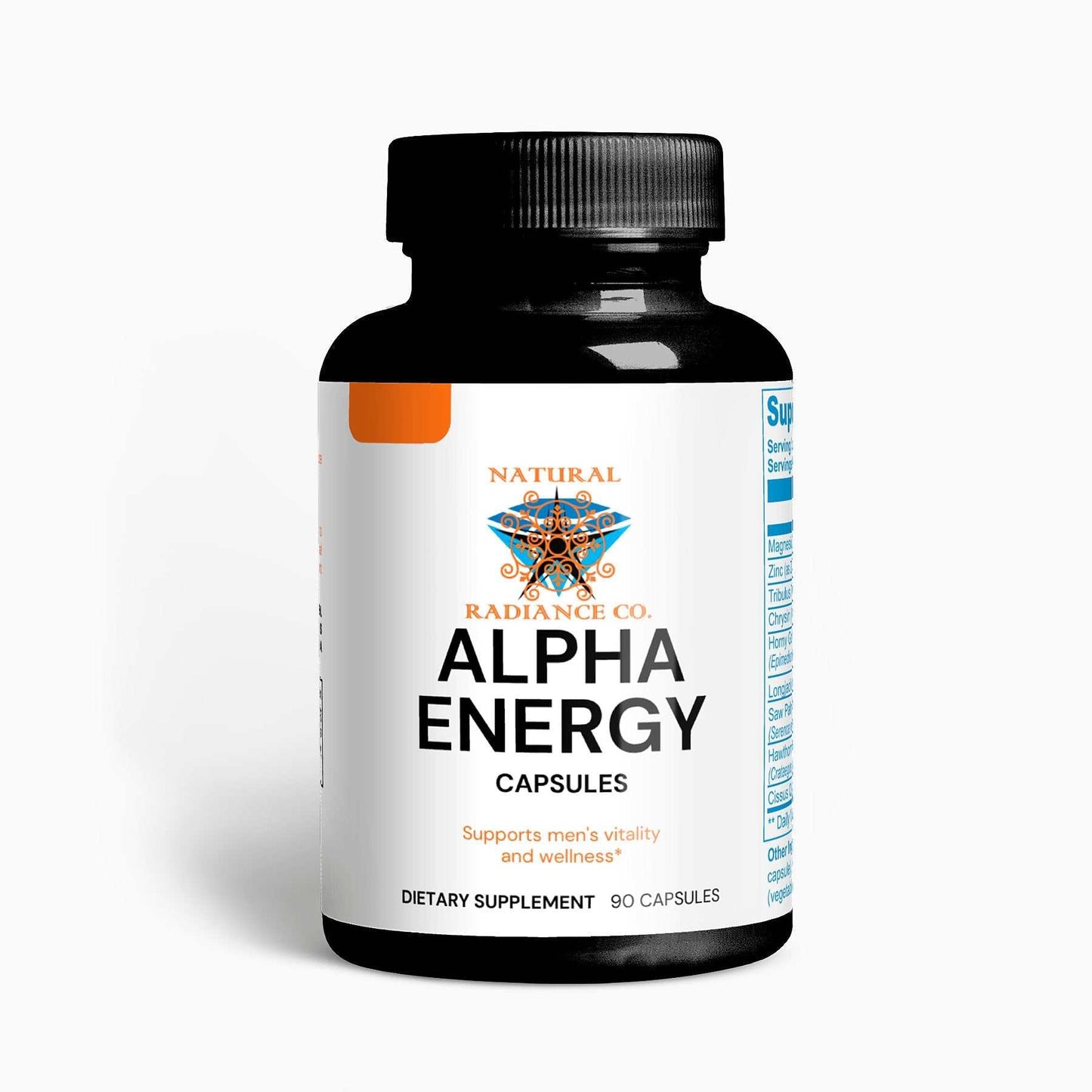 Alpha Energy dietary supplement bottle for men's vitality and wellness, 90 capsules.