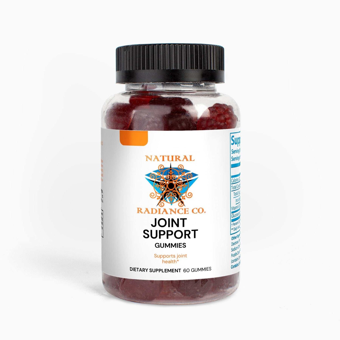 Joint Support Gummies bottle for adults, promoting joint health with glucosamine supplement, raspberry flavor, 60 count.