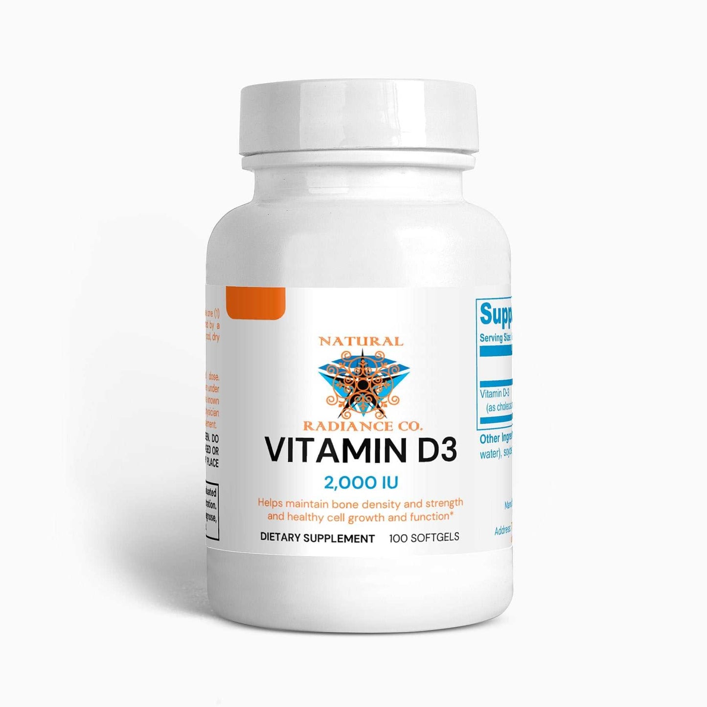 Vitamin D3 2,000 IU bottle, 100 softgels, supports bone and muscle health.
