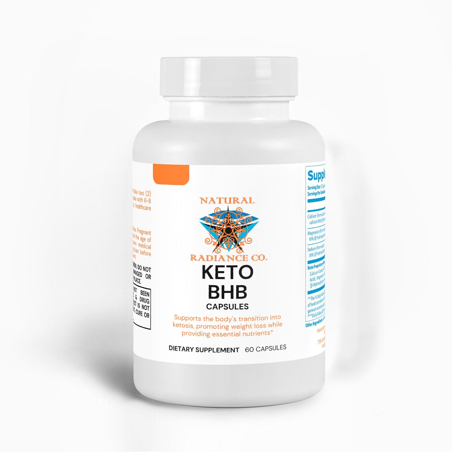 Keto BHB supplement bottle with 60 capsules for ketosis support and weight loss.