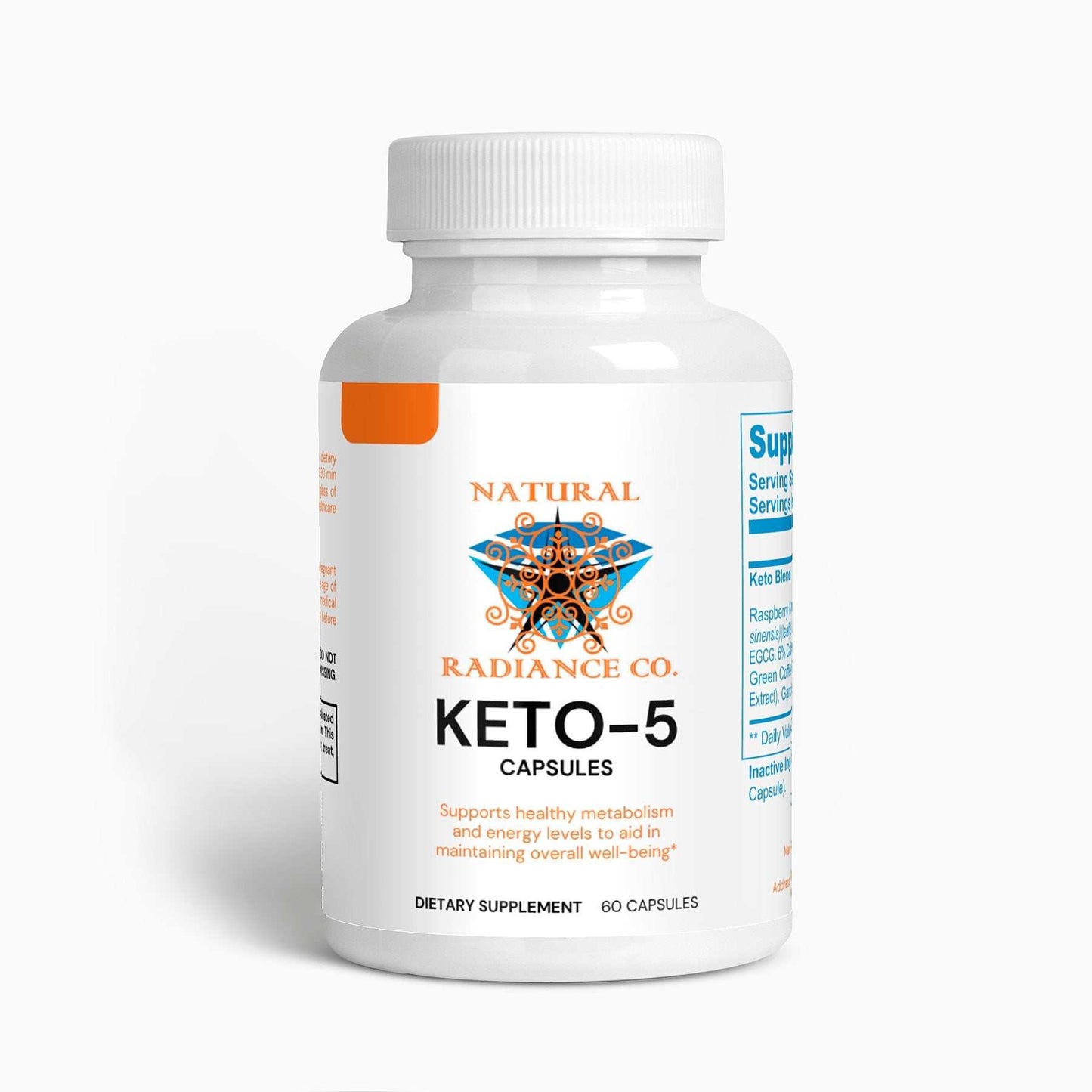 Keto-5 dietary supplement bottle for ketosis and fat burning, 60 capsules.