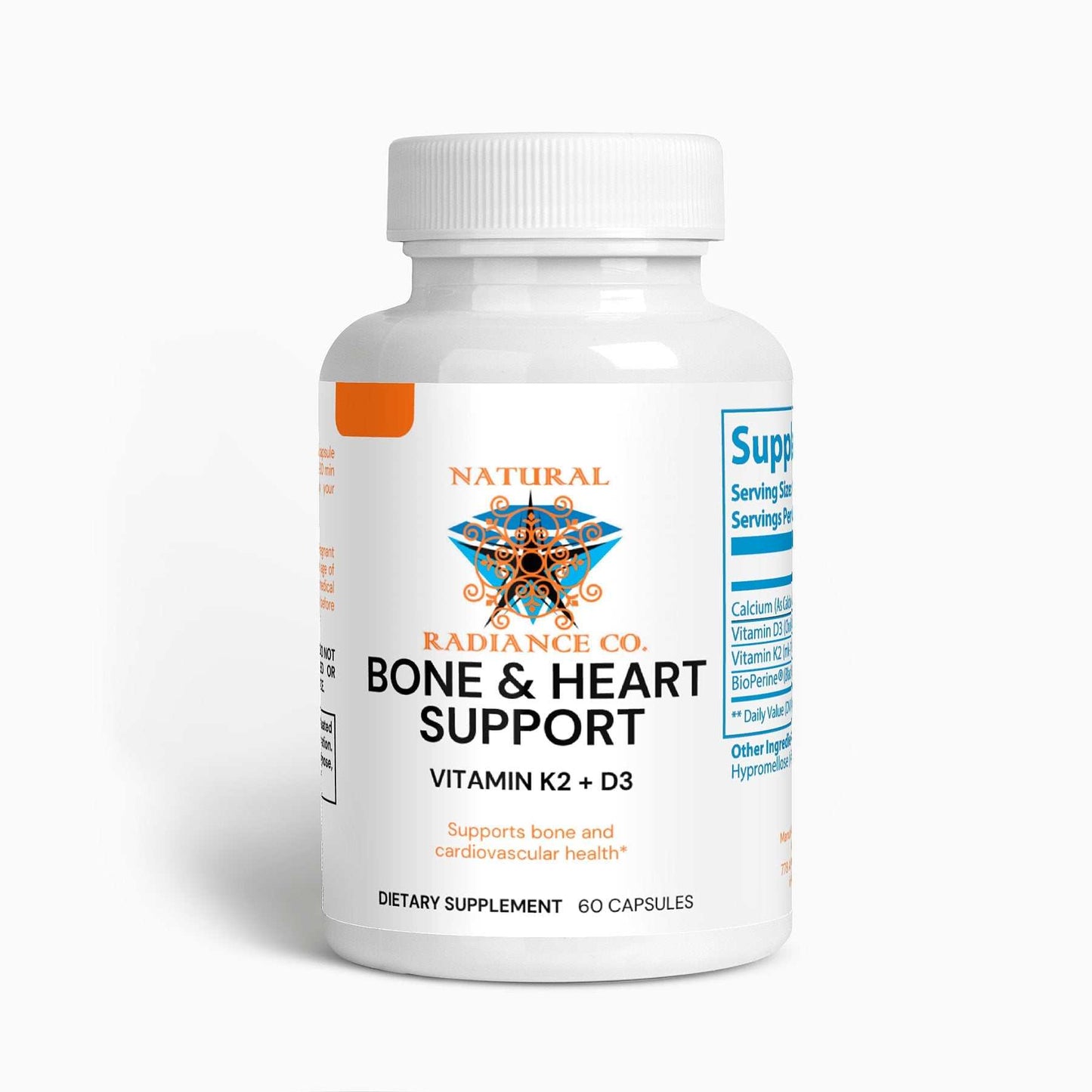 Bone & Heart Support supplement bottle with Vitamin K2 and D3, 60 capsules for bone and cardiovascular health.