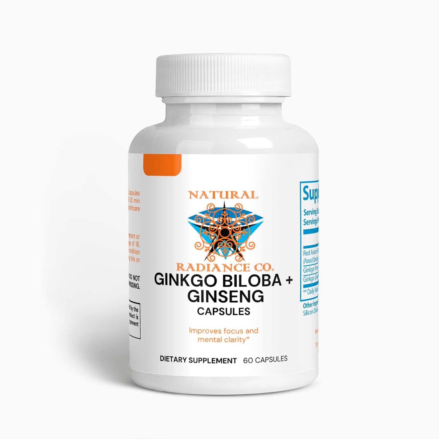 Ginkgo Biloba + Ginseng capsules bottle, dietary supplement for focus and mental clarity.