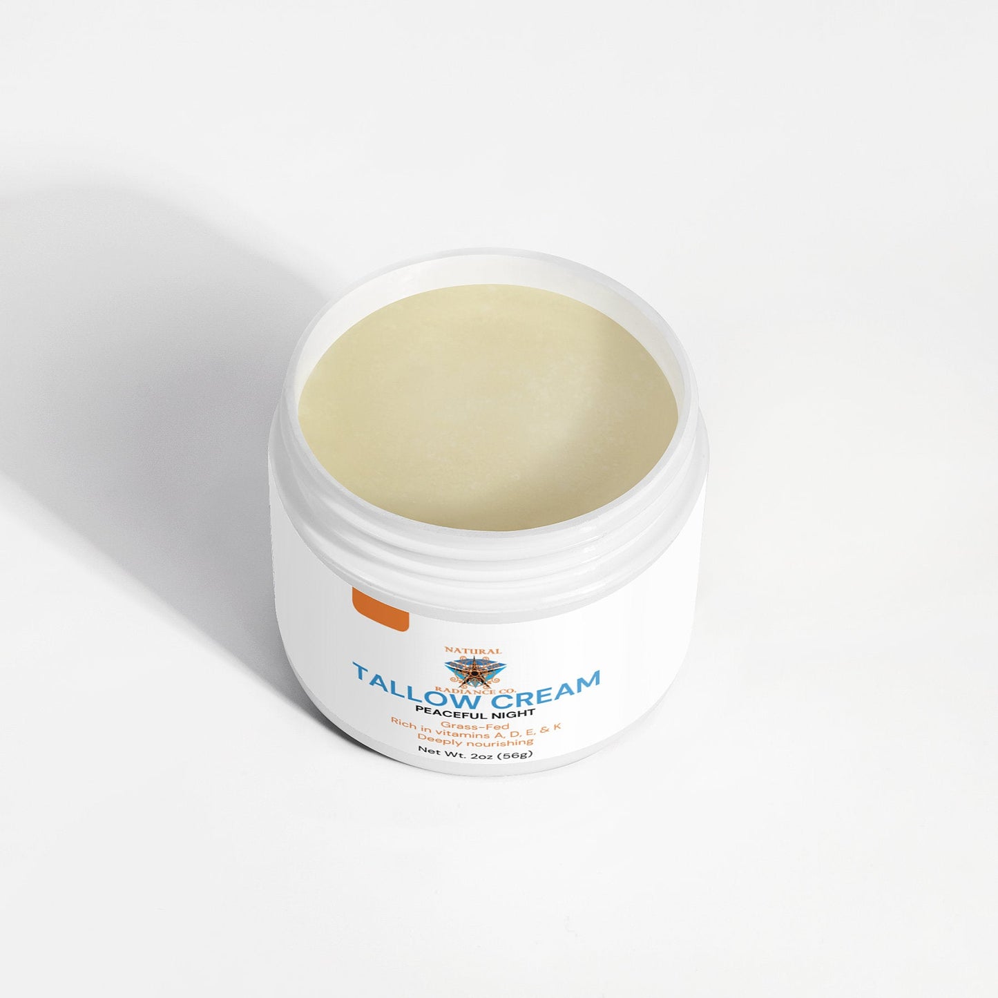Tallow Cream Peaceful Night jar with lid open, showcasing rich, creamy texture for deep hydration and skin nourishment.
