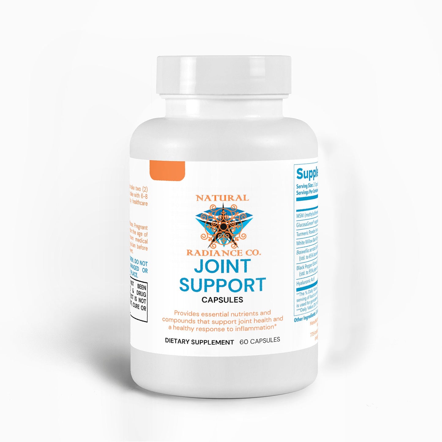 Joint support supplement bottle with 60 capsules for promoting joint health, featuring MSM, GlucosaGreen®, turmeric, and Boswellia extract.