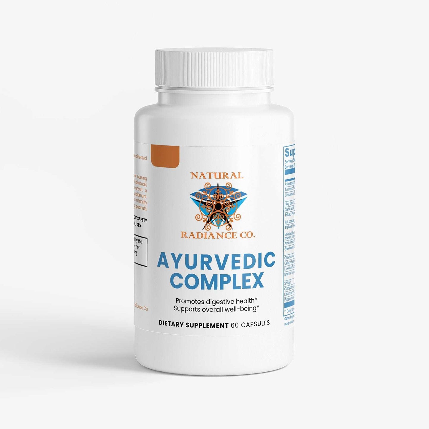 Ayurvedic Complex supplement bottle with 60 capsules, promoting digestive health and overall well-being.