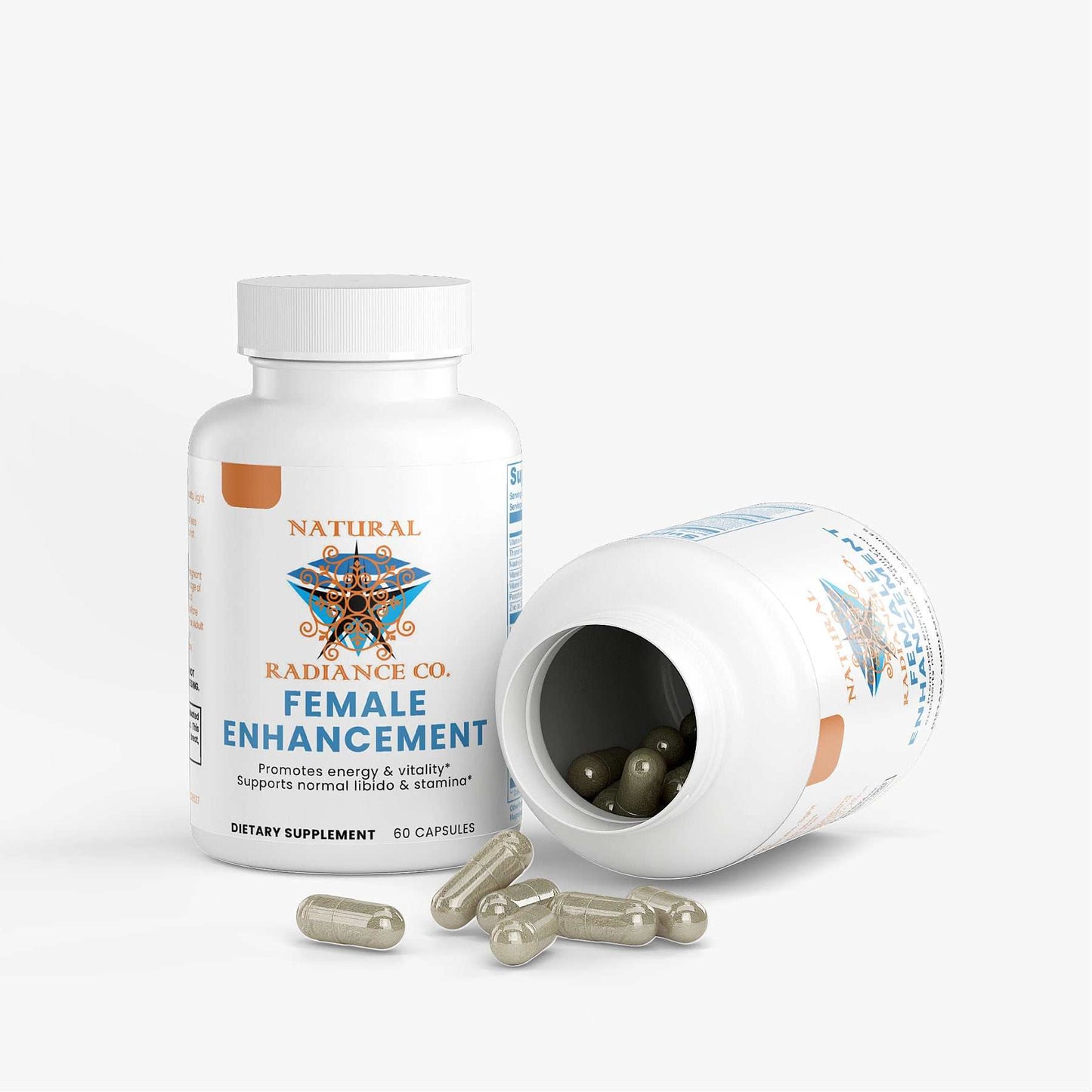 Dietary supplement for female enhancement with vitamins B6, B12, and herbal extracts for energy and vitality.