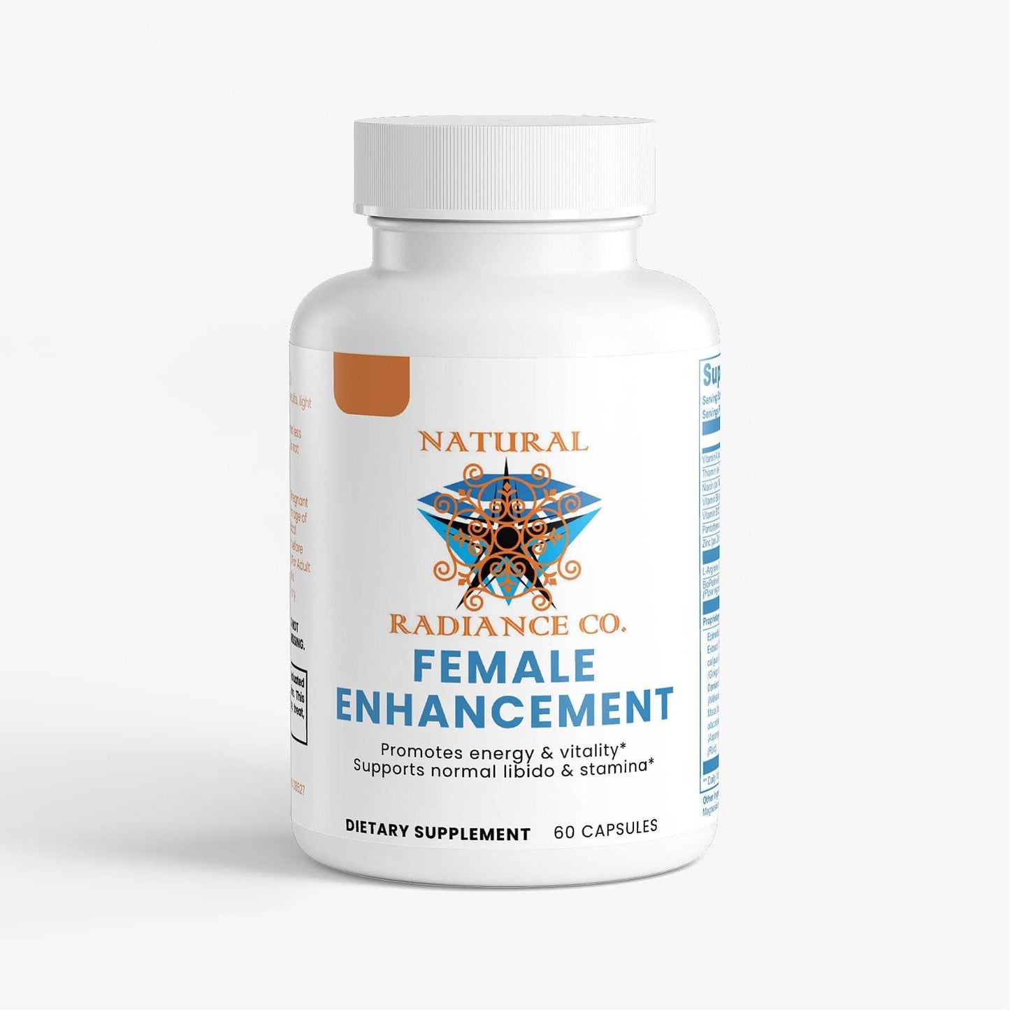 Female Enhancement supplement bottle, promotes energy, vitality, and wellness, 60 capsules.