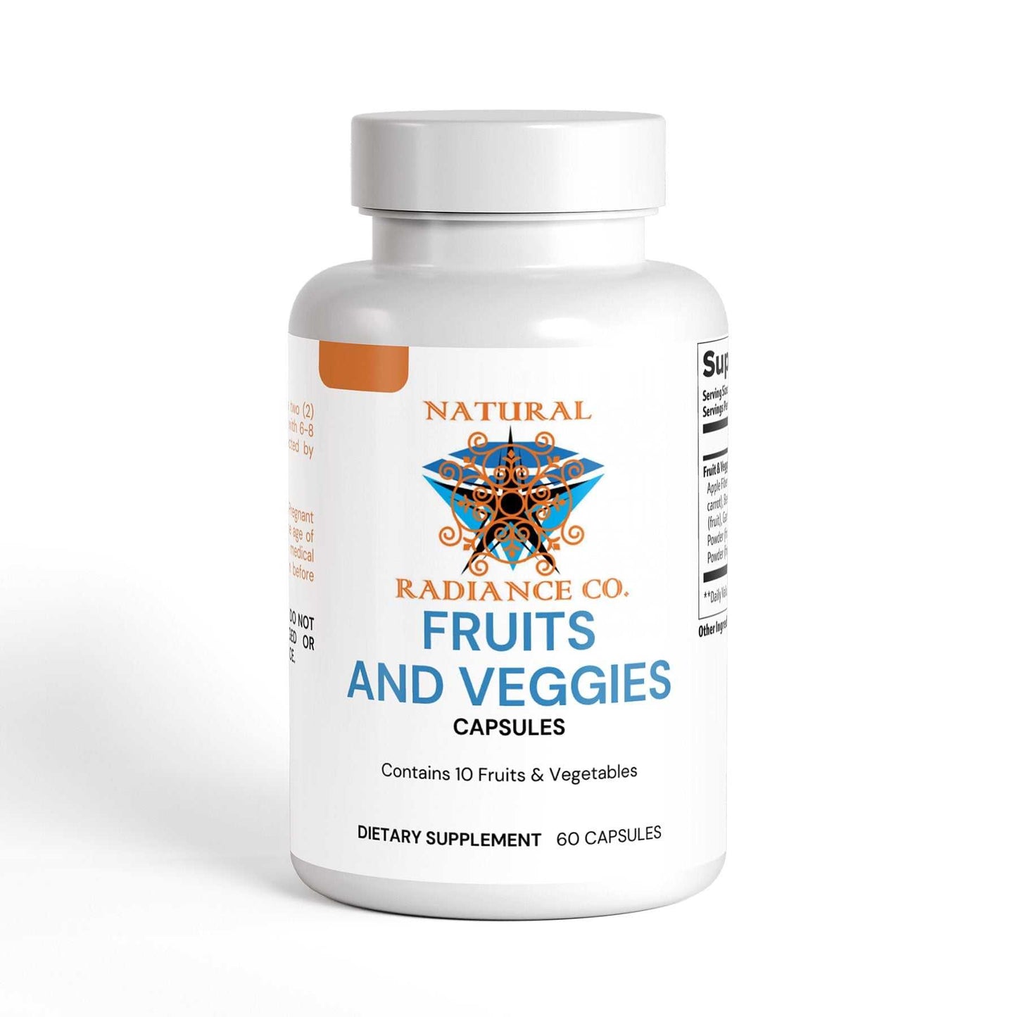 Dietary supplement bottle labeled "Fruits and Veggies" containing apple fiber powder for digestive health.