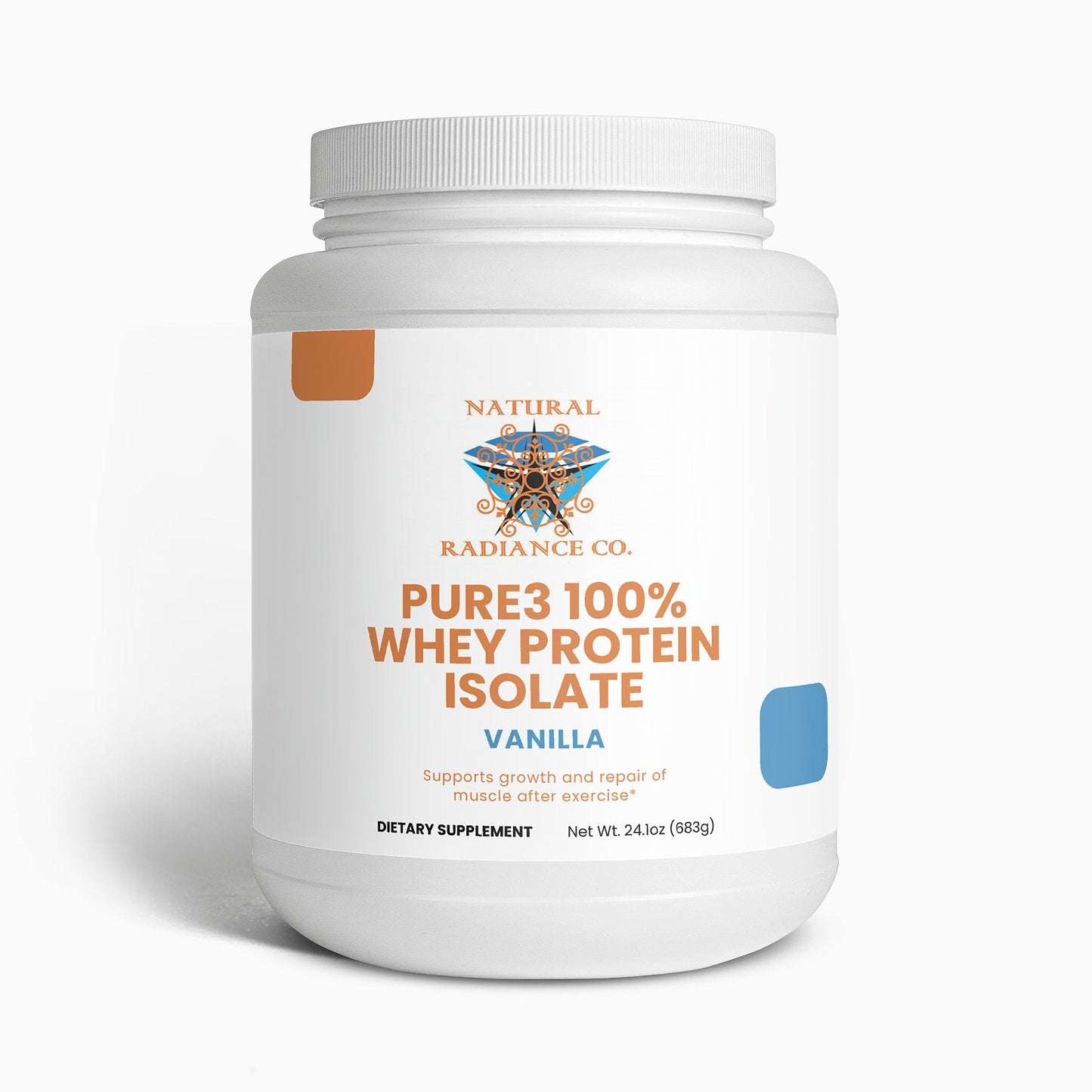 Pure3 100% Whey Protein Isolate vanilla flavor dietary supplement for muscle growth and recovery, gluten-free, vegetarian, non-GMO, 24.1oz container