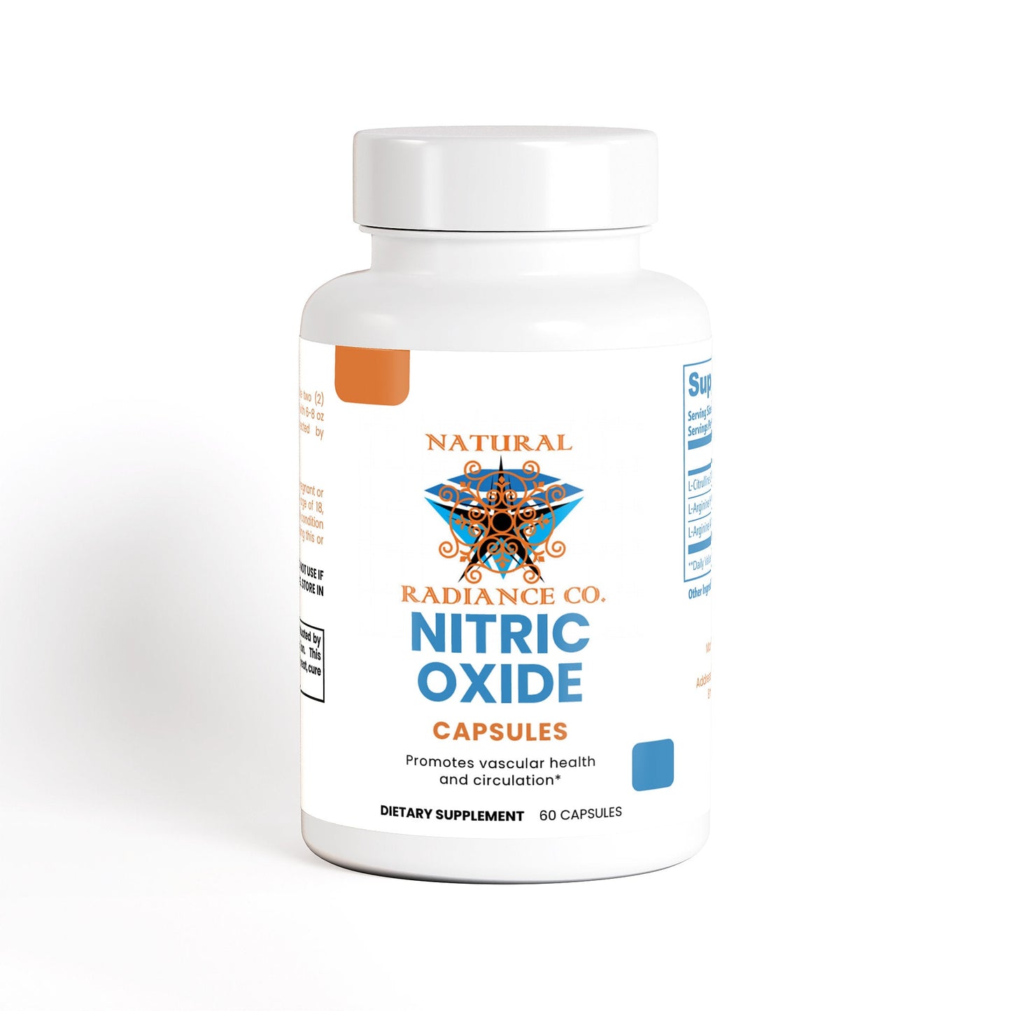 Bottle of Natural Radiance Co. Nitric Oxide capsules dietary supplement for vascular health and circulation, 60 capsules