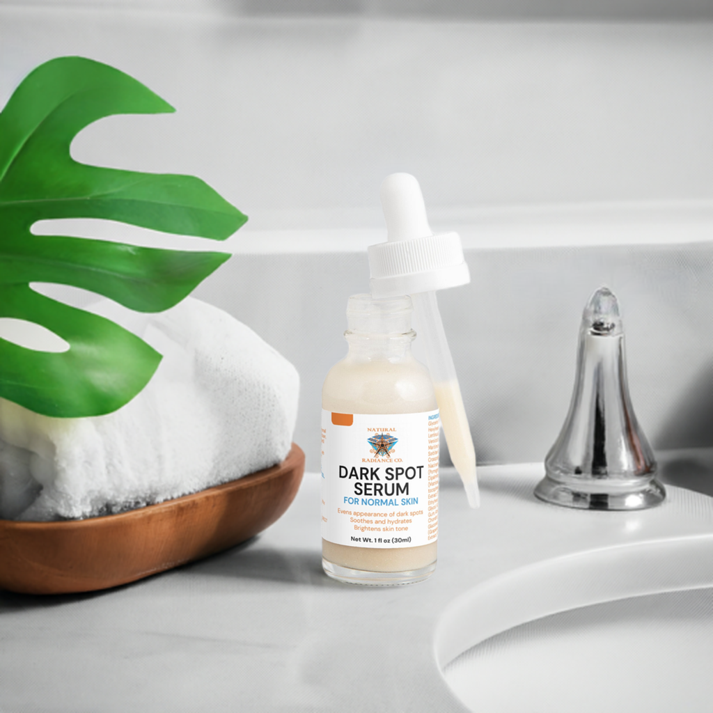 Dark Spot Serum bottle with dropper on a bathroom counter, next to a green leaf and faucet.