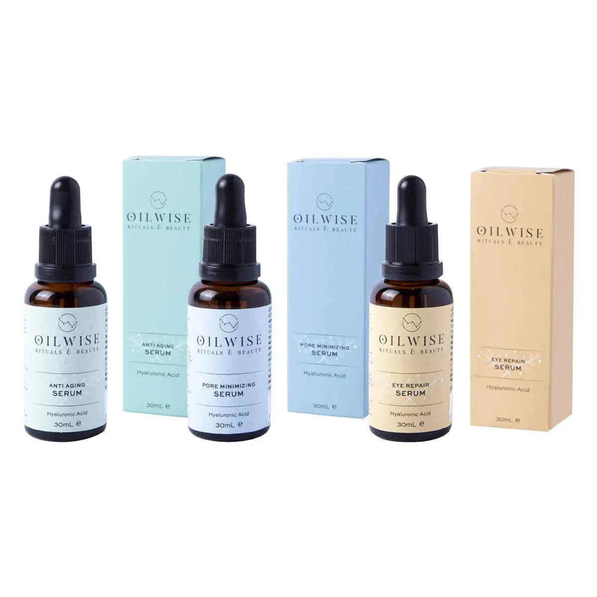 Oilwise Antiaging Serum & Pore Minimizing & Eye Repair Serum Set with hyaluronic acid and essential oils in bottles.