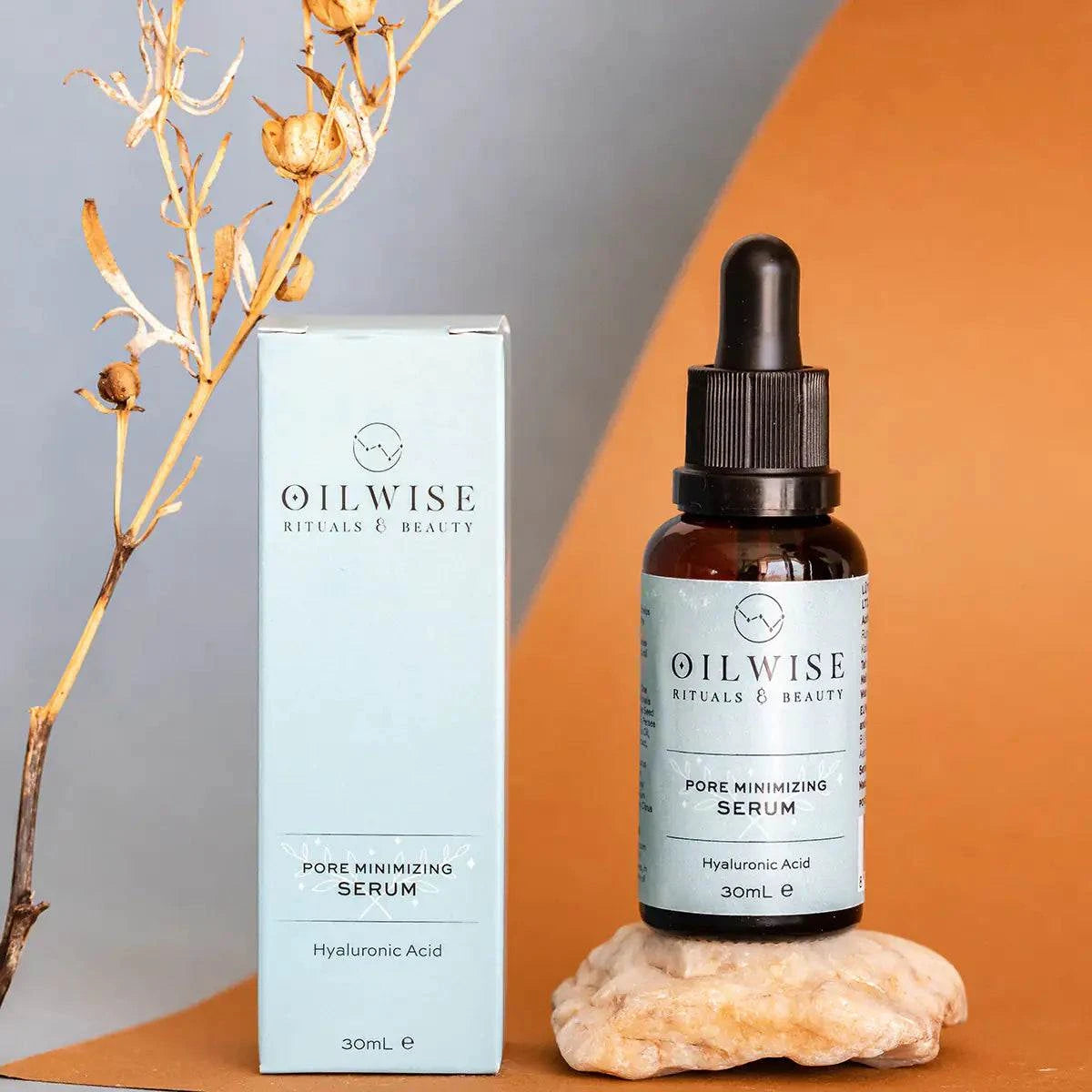 Oilwise Antiaging Serum & Pore Minimizing Serum & Eye Repair Serum Set with hyaluronic acid and pomegranate oil.