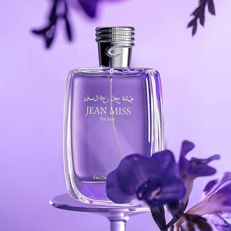 Premium Pheromone Eau De Toilette for Men, 100ml bottle with floral backdrop.