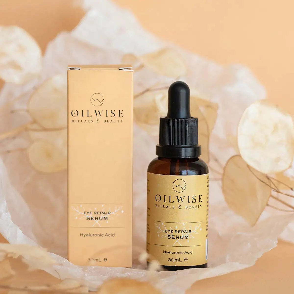 Oilwise Antiaging Serum set with eye repair serum in 30ml bottle, featuring hyaluronic acid for anti-aging and pore minimizing benefits.