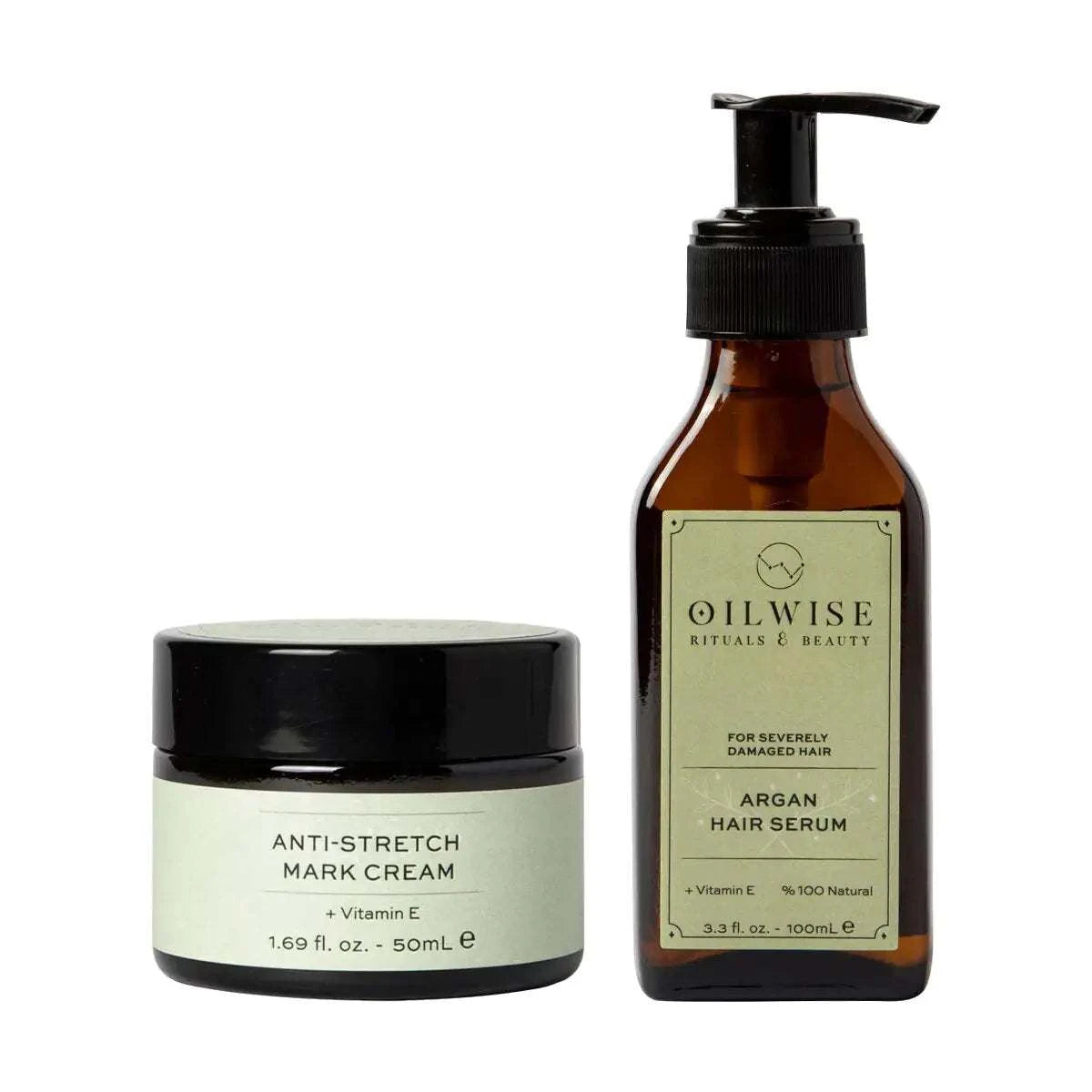 Oilwise Anti Stretch Cream & Argan Hair Serum Set for skin elasticity and hair repair.