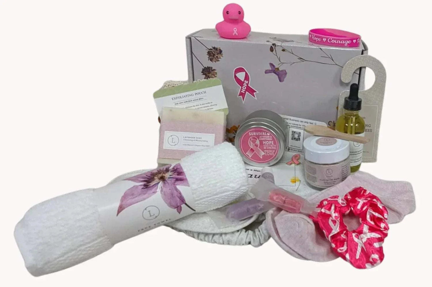 Breast Cancer Awareness Gift Box with relaxation spa items and donation to research.