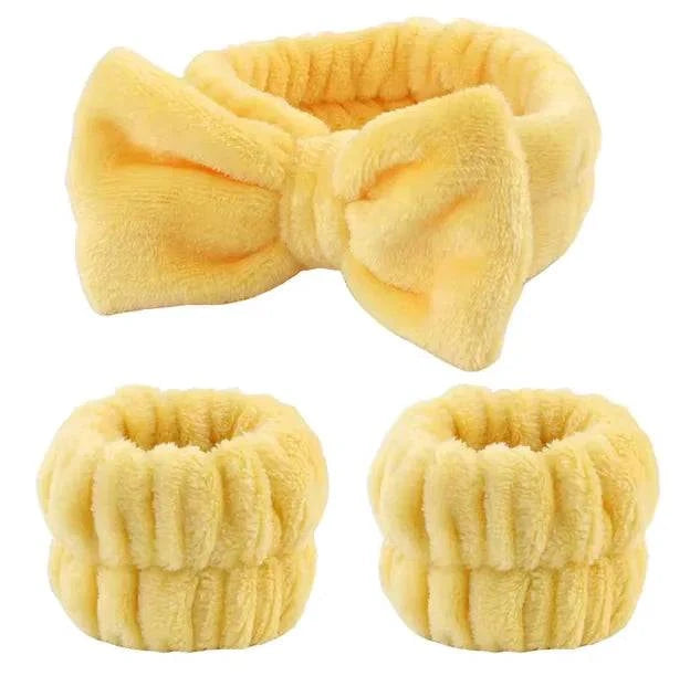 Plush Bow Hair & Wristband Set in yellow fleece, featuring a bow headband and two wrist cuffs.