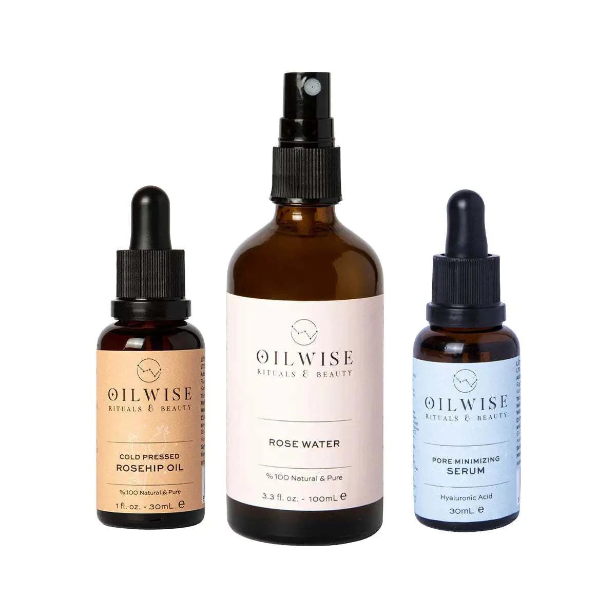 Oilwise Anti-Blemish Moisturizing Kit with rosehip oil, rose water, and serum for reducing pores.