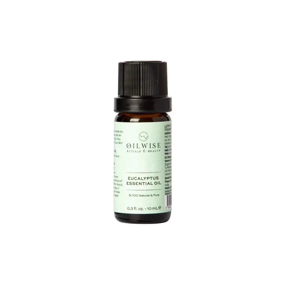 Oilwise Eucalyptus Essential Oil bottle, 100% pure and steam distilled, therapeutic-grade, 10 ml.