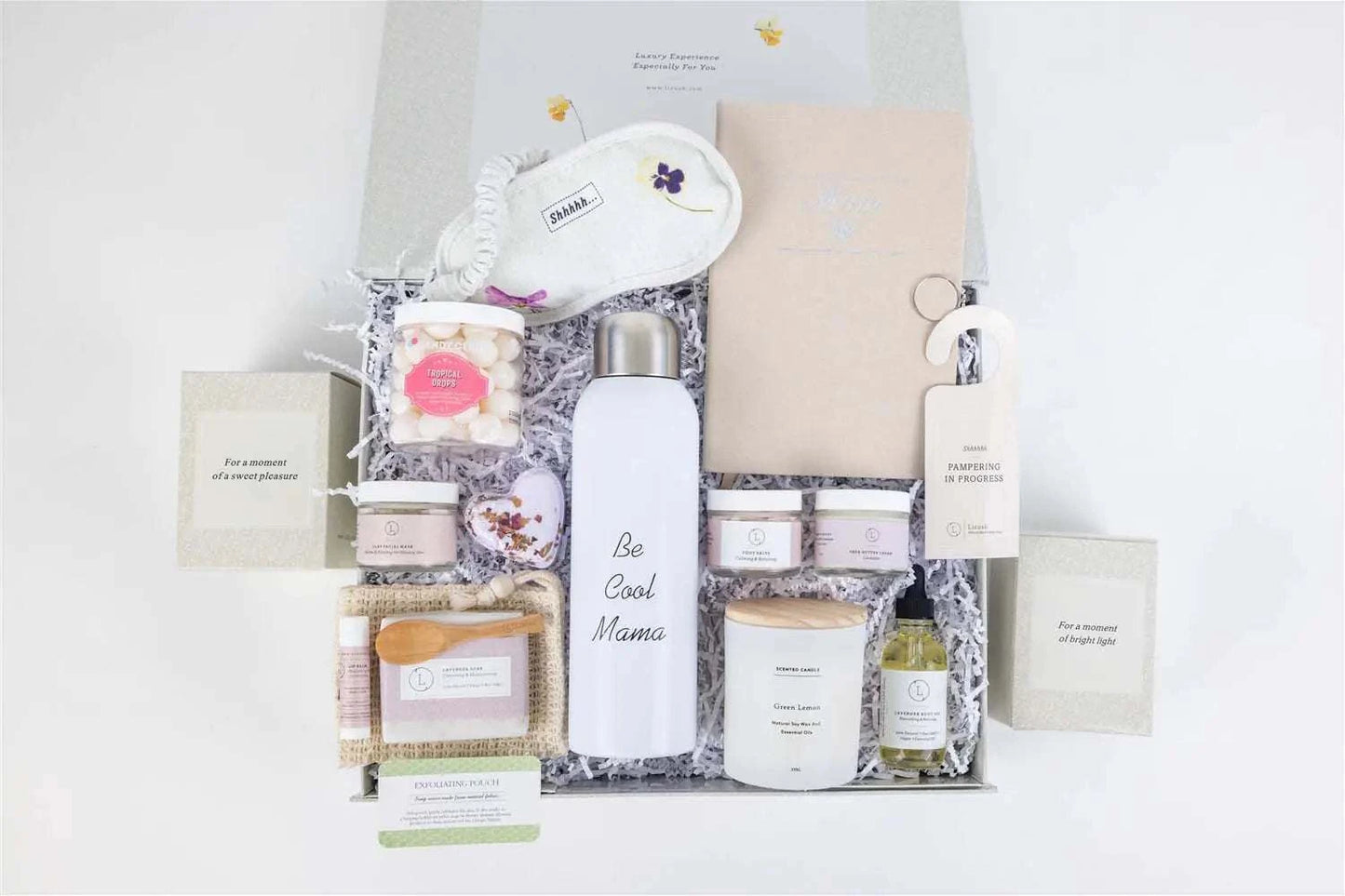 Mother's Day gift set including journal, water bottle, lavender products, and more for pampering mom.