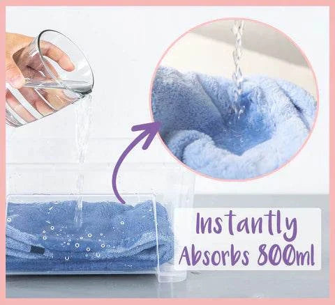 Magic Hair Towel instantly absorbing 800ml of water, showcasing quick-dry microfiber technology.