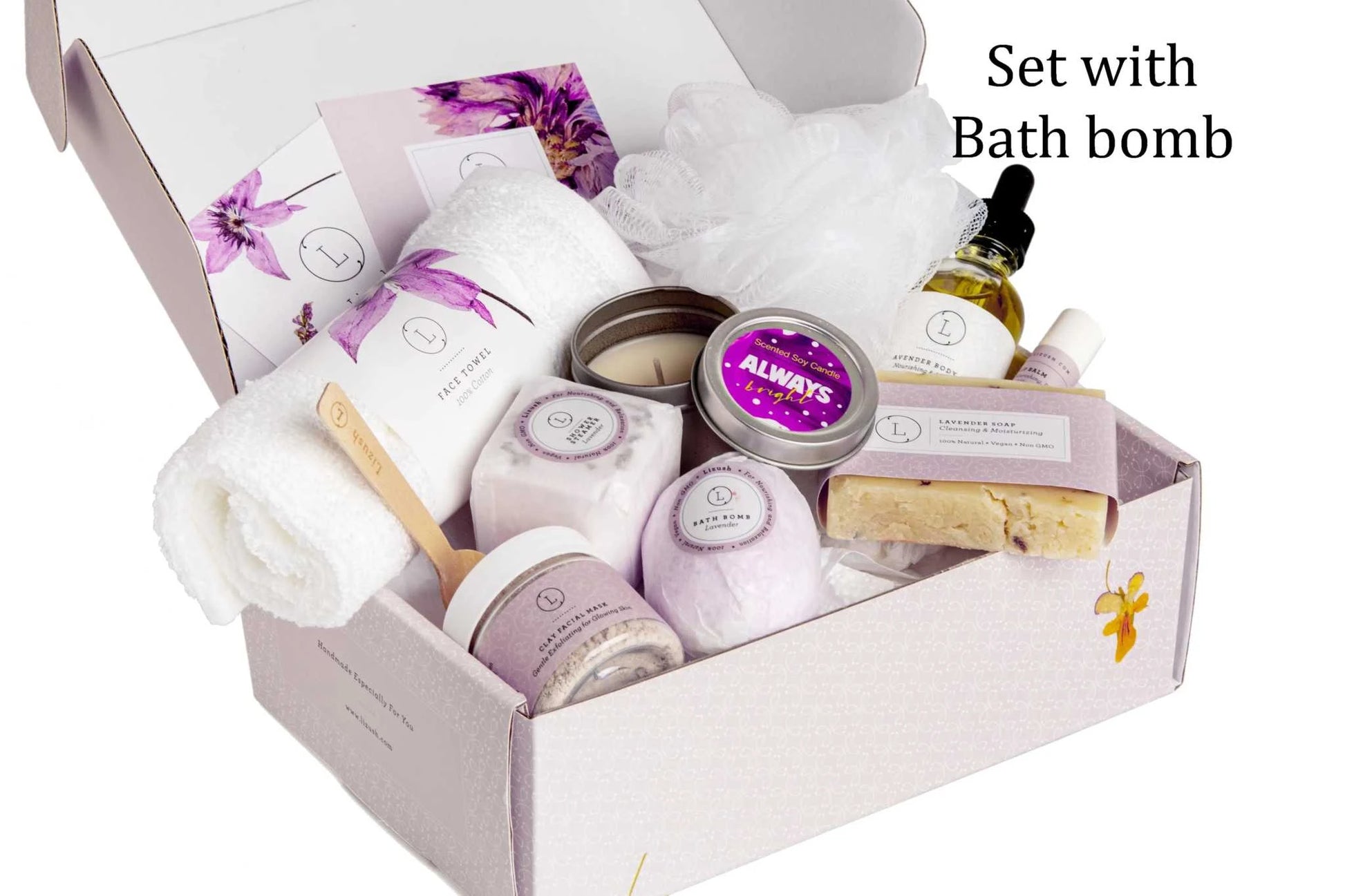 Natural lavender gift box with bath bomb, shower steamer, soap, and more spa essentials.