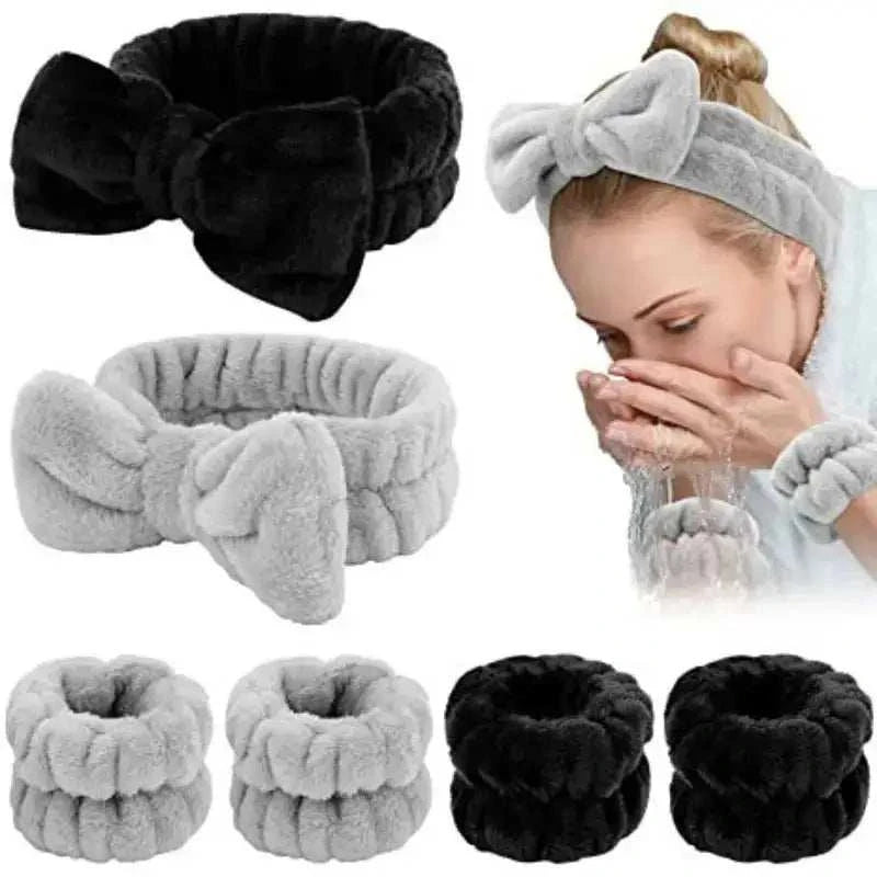Plush Bow Hair & Wristband Set for Skincare Routine