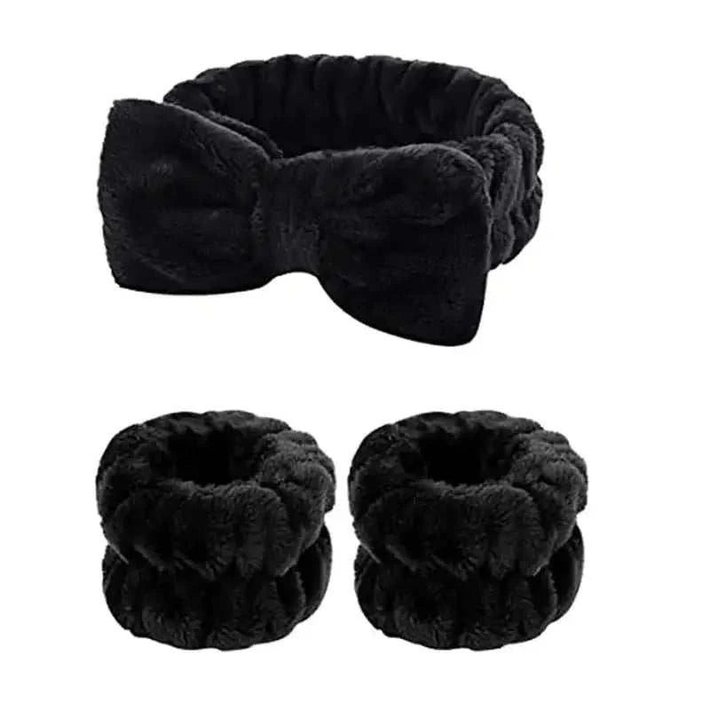 Plush Bow Hair & Wristband Set in black fleece for skincare routines.