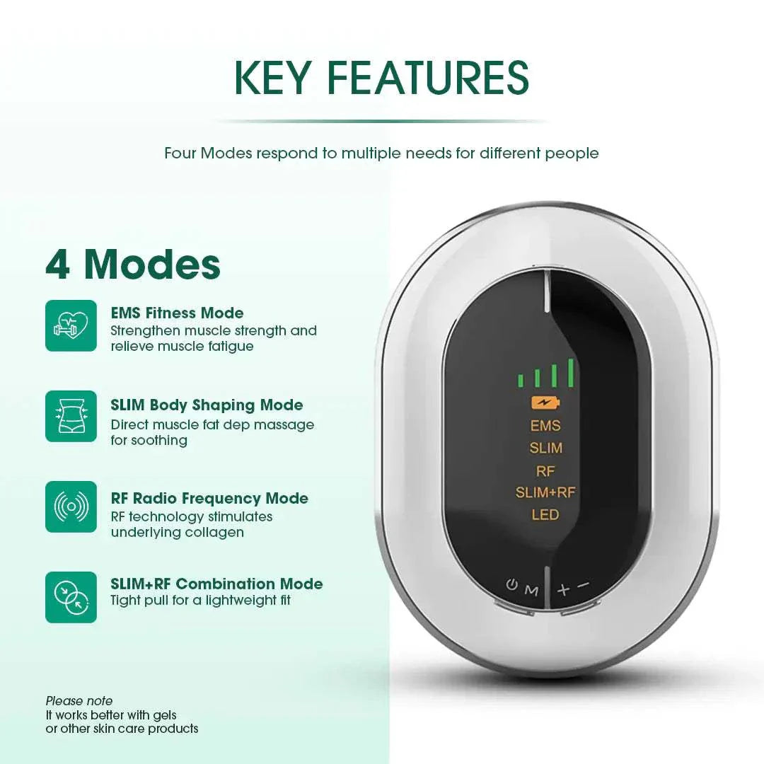 Advanced body contouring device with 4 modes and customizable intensity for muscle building, skin tightening, and fat burning.