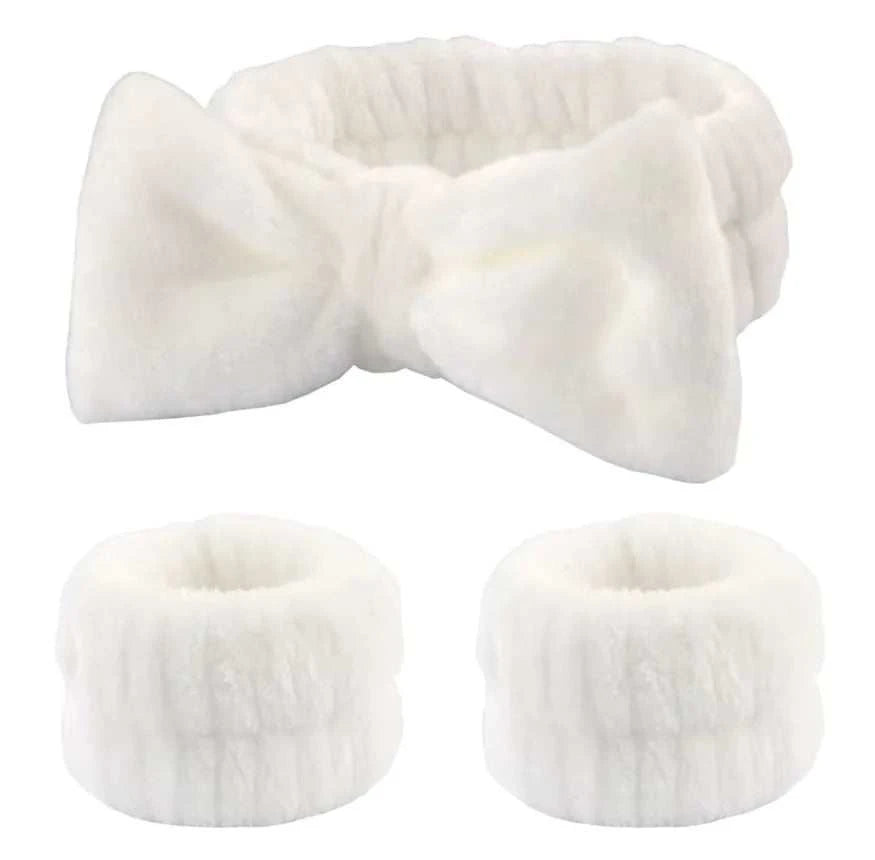 Plush Bow Hair & Wristband Set with fleece headband and wrist cuffs for skincare routine.