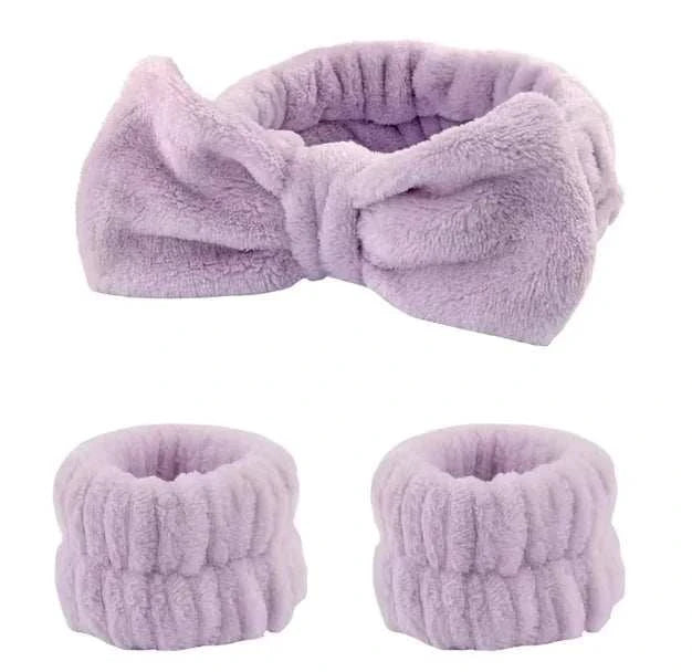 Plush Bow Hair & Wristband Set with Fleece Headband and Wrist Cuffs in Lavender.