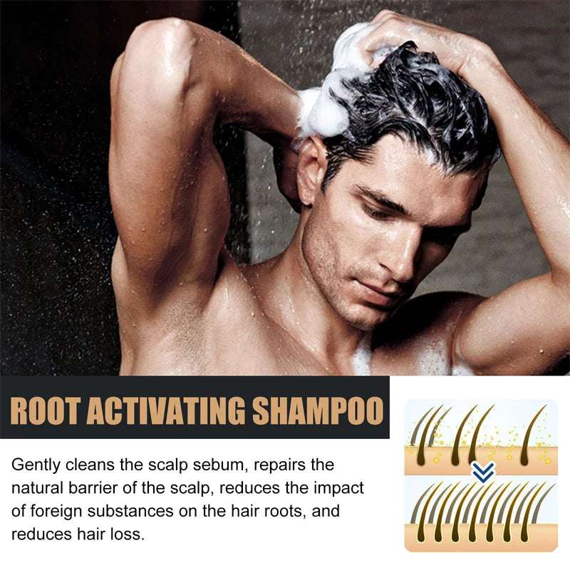 Man using Hair Growth Shampoo for healthy, thicker hair with natural ingredients.