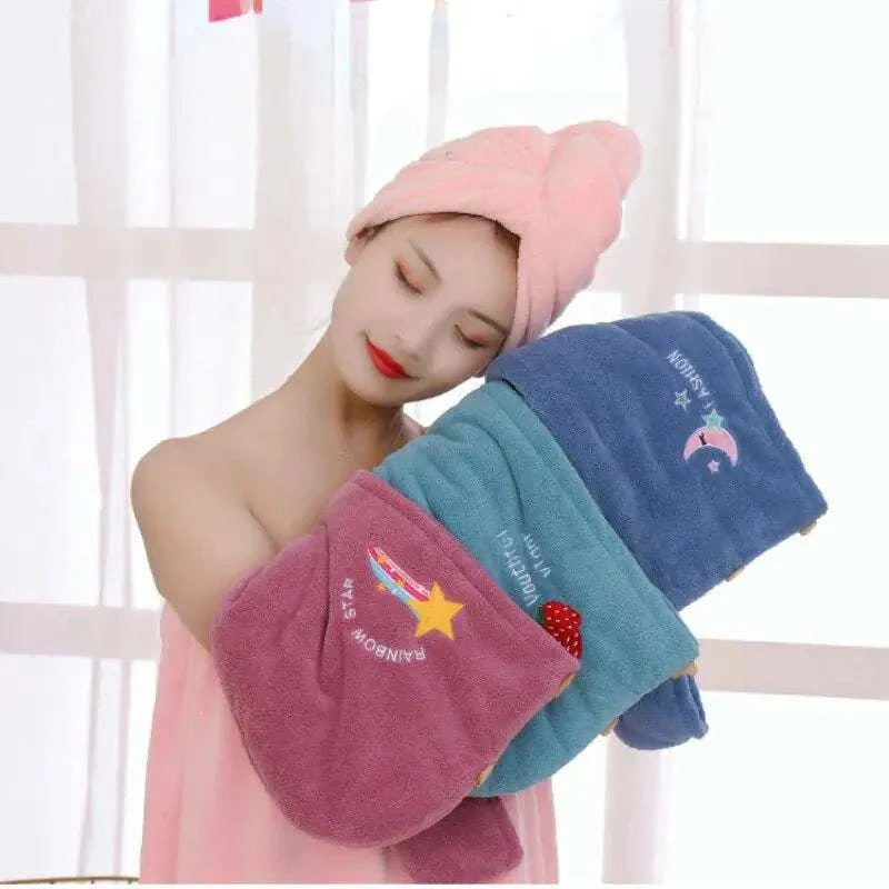 Magic Hair Towel wrapped around head, woman holding colorful microfiber towels in a light room.