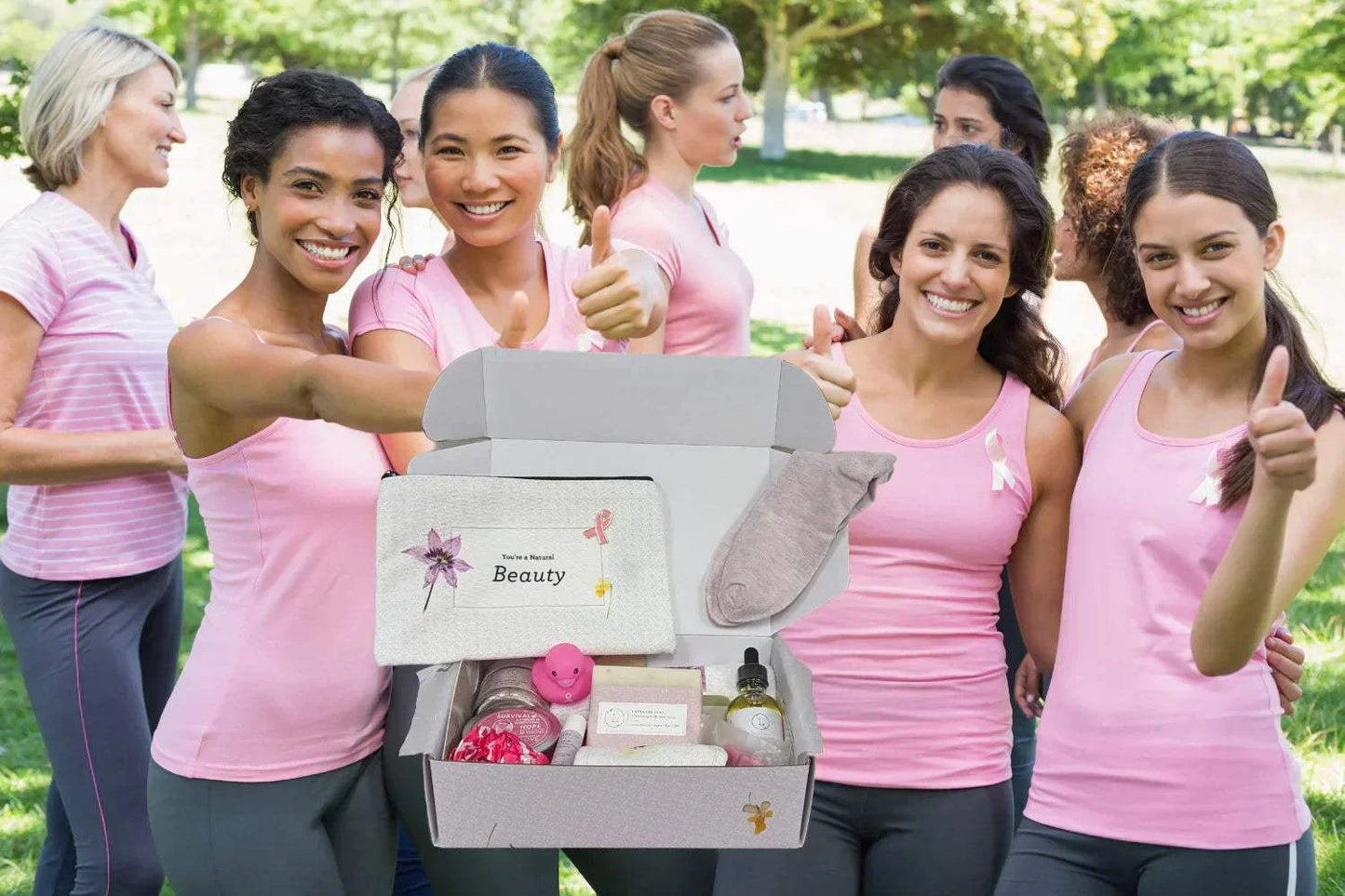 Breast Cancer Awareness Gift Box with natural spa items and accessories for support and relaxation.