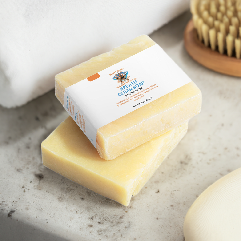 Breathe Clear Soap bar with natural ingredients on a bathroom counter.