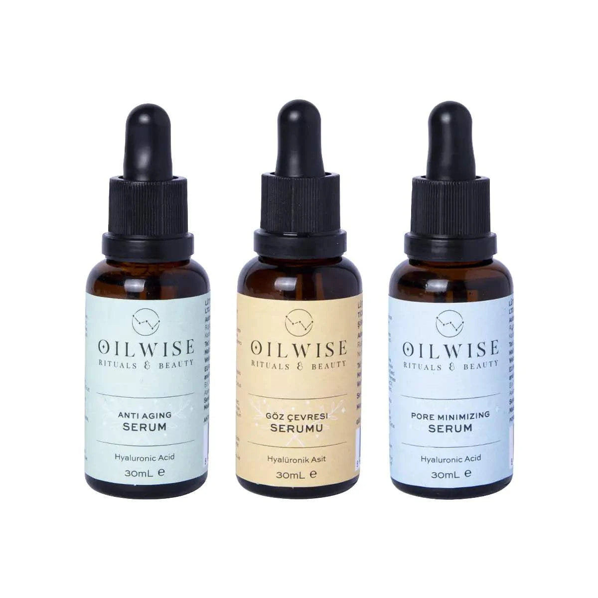 Oilwise Antiaging Serum & Pore Minimizing Serum & Eye Repair Serum Set with hyaluronic acid and essential oils.