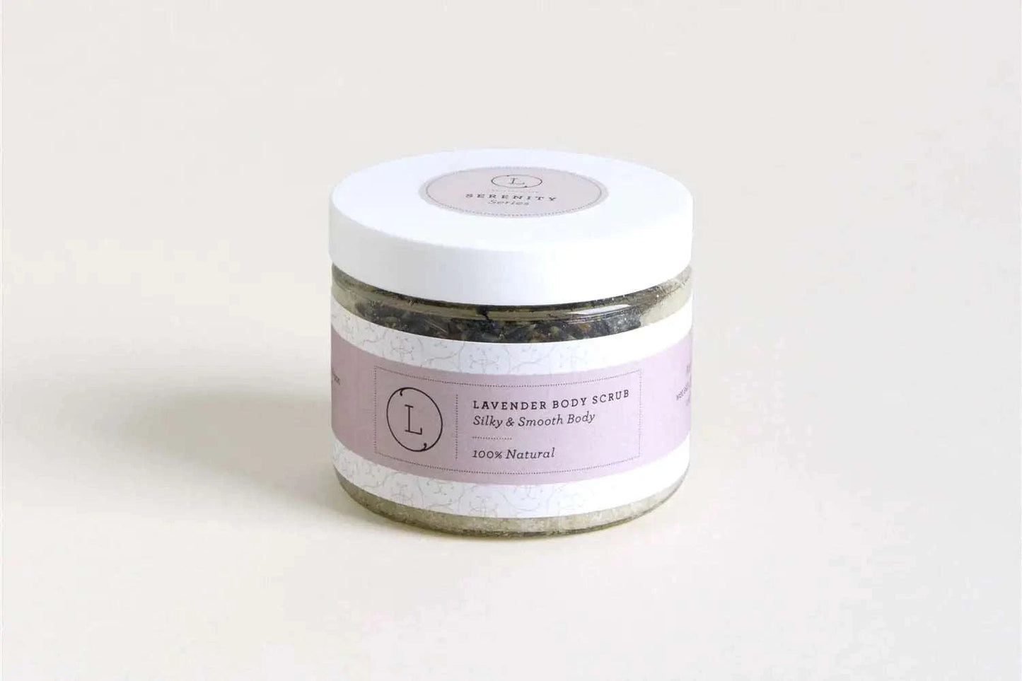 Natural lavender body scrub in a glass jar from the Spa Gift Box collection.