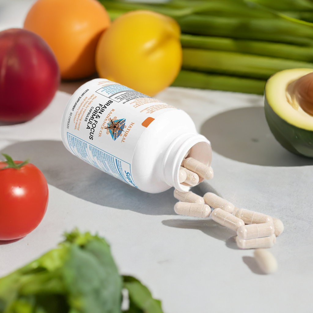 Brain & Focus Formula supplement capsules on kitchen counter with fresh vegetables.